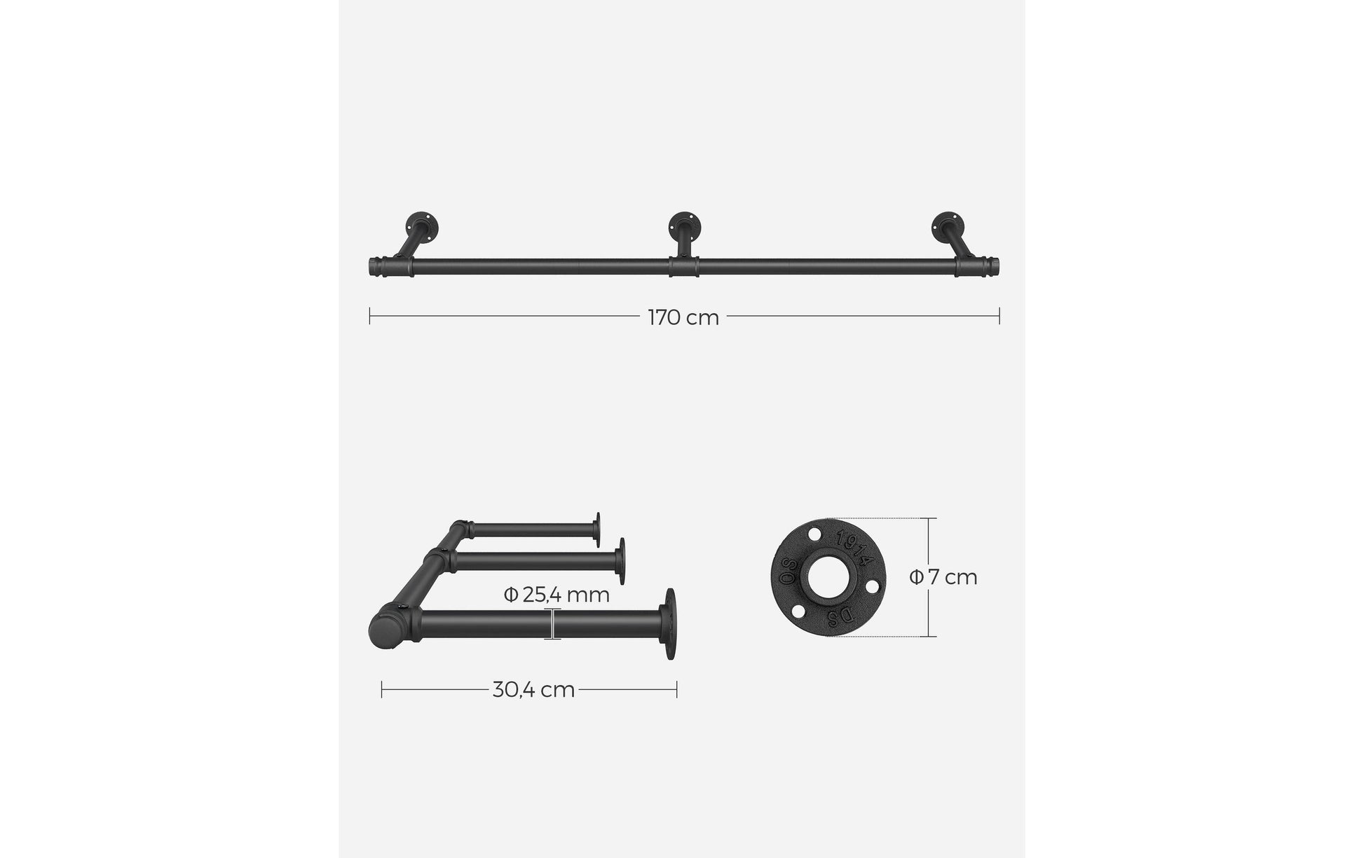 Songmics Wandgarderobe – Stahl, Schwarz, 170 × 30,4 × 7 cm, Traglast 68 kg