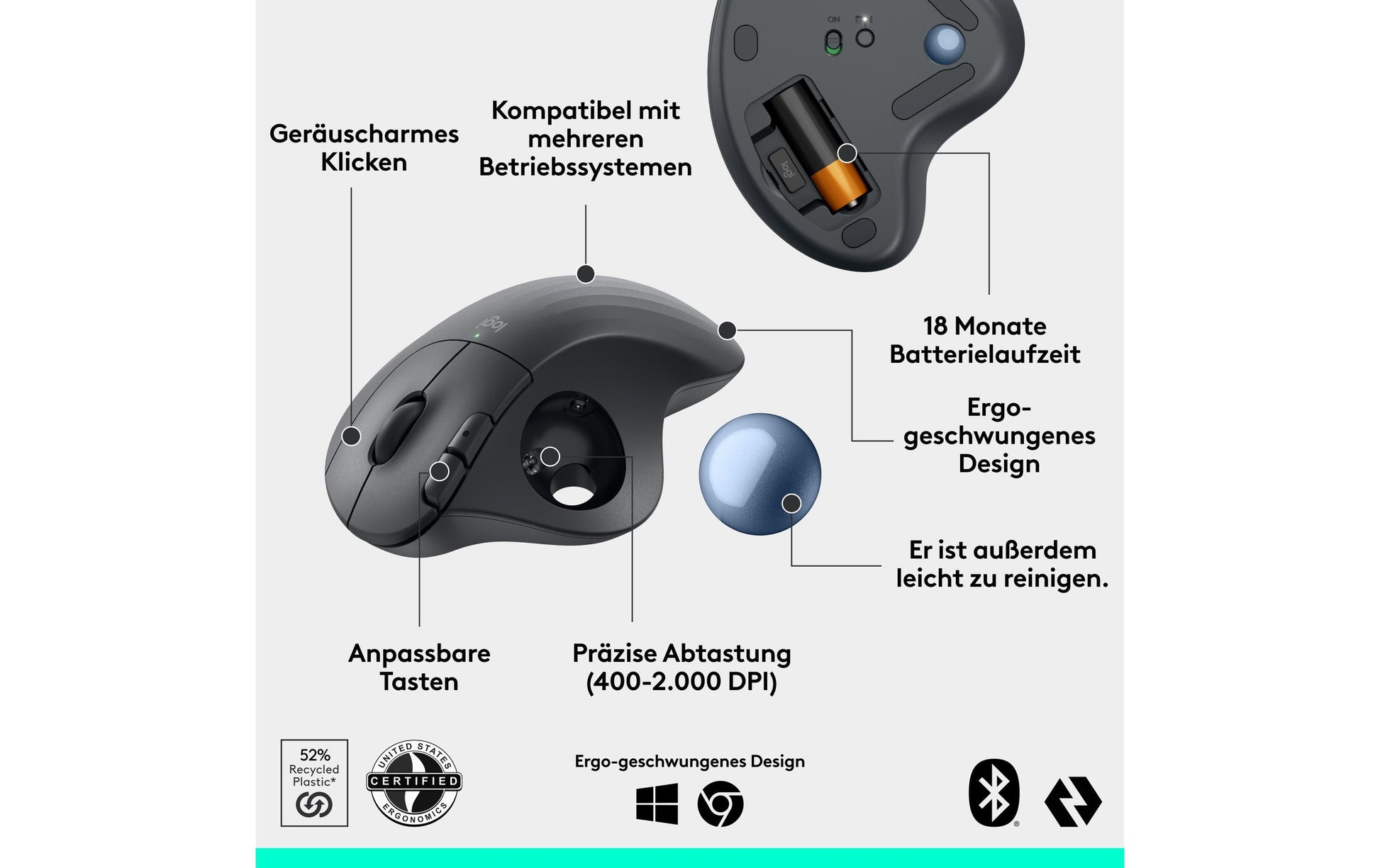 Logitech Ergo M575S Ergonomische Maus – kabellos, 5 Tasten, für Rechtshänder, Logi Bolt-Empfänger, schwarz