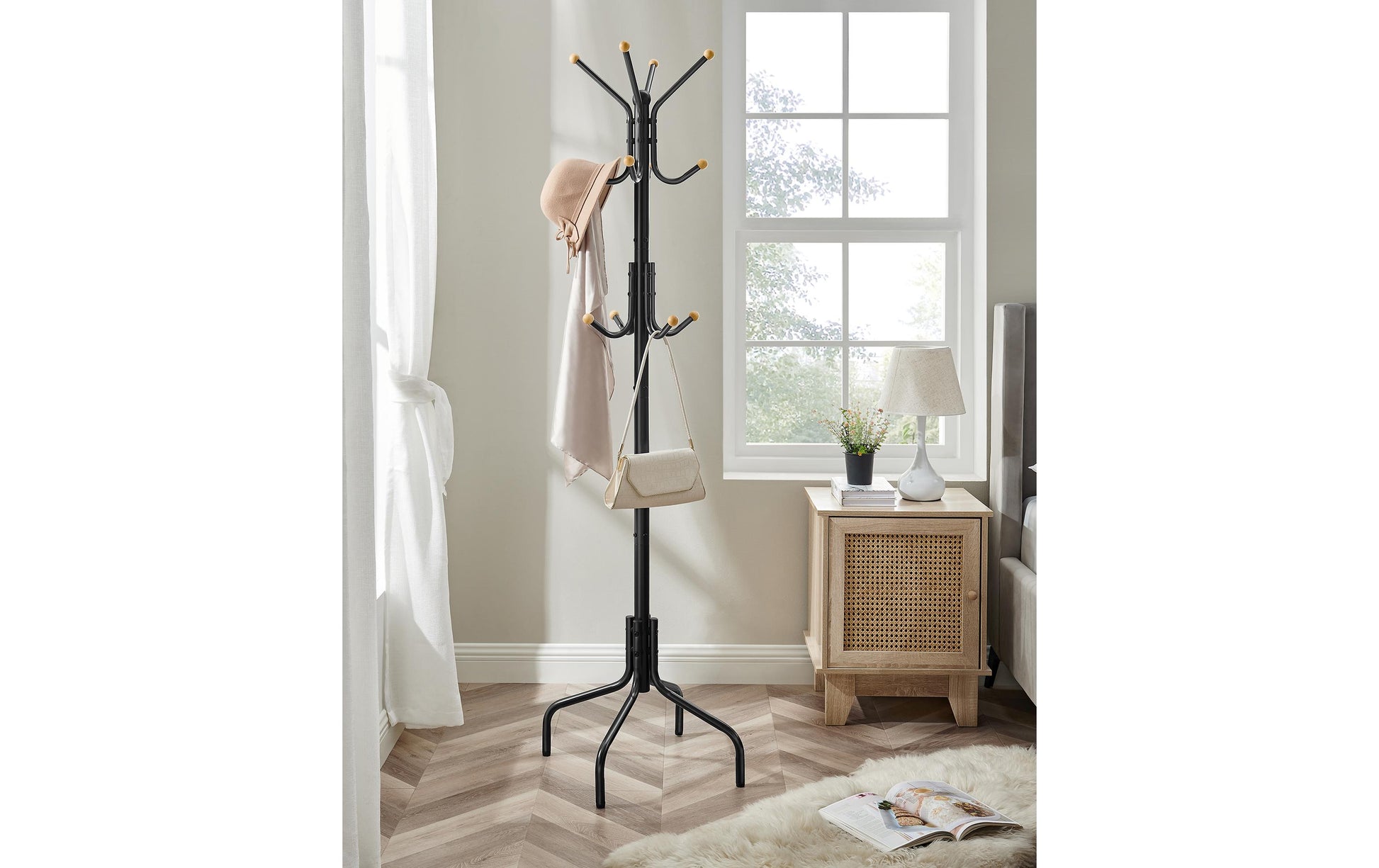 Songmics Garderobenständer – 12 Haken, Stahl, Schwarz, 55 × 55 × 180 cm