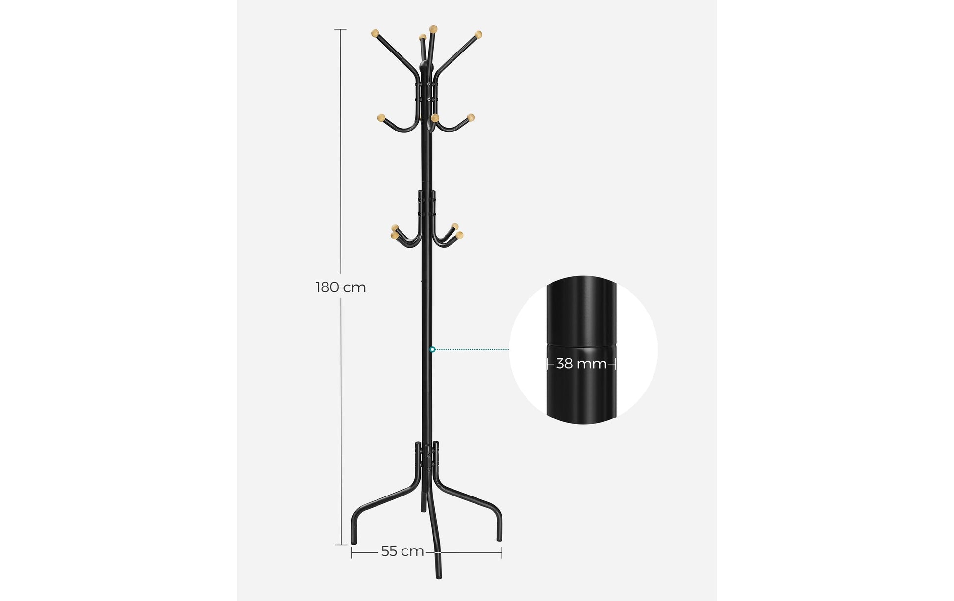 Songmics Garderobenständer – 12 Haken, Stahl, Schwarz, 55 × 55 × 180 cm