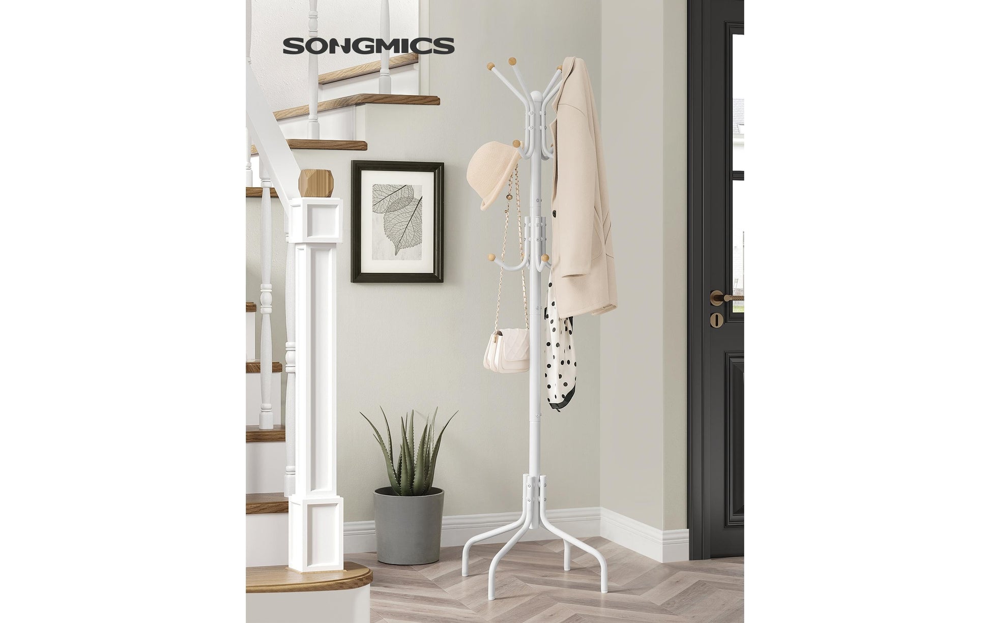 Songmics Garderobenständer – 12 Haken, Stahl, Weiss/Holz, 55 × 55 × 180 cm