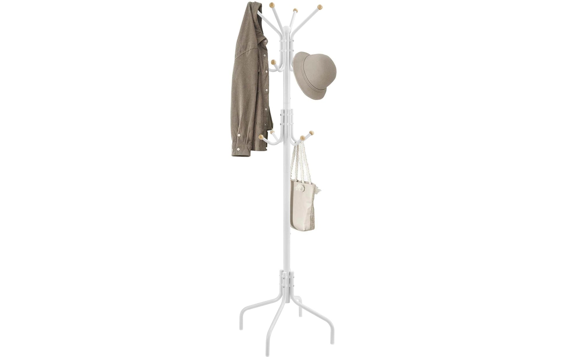 Songmics Garderobenständer – 12 Haken, Stahl, Weiss/Holz, 55 × 55 × 180 cm