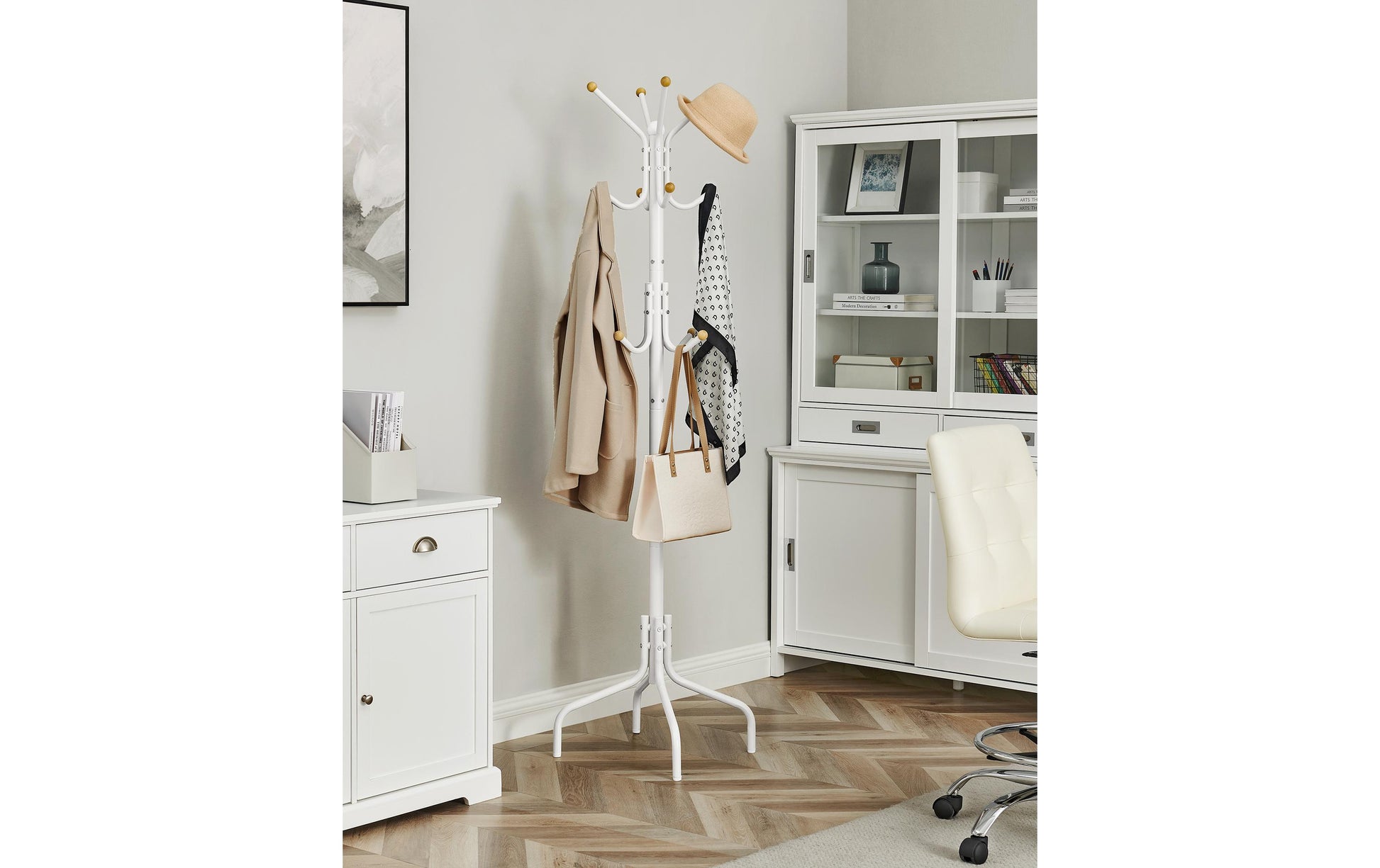 Songmics Garderobenständer – 12 Haken, Stahl, Weiss/Holz, 55 × 55 × 180 cm