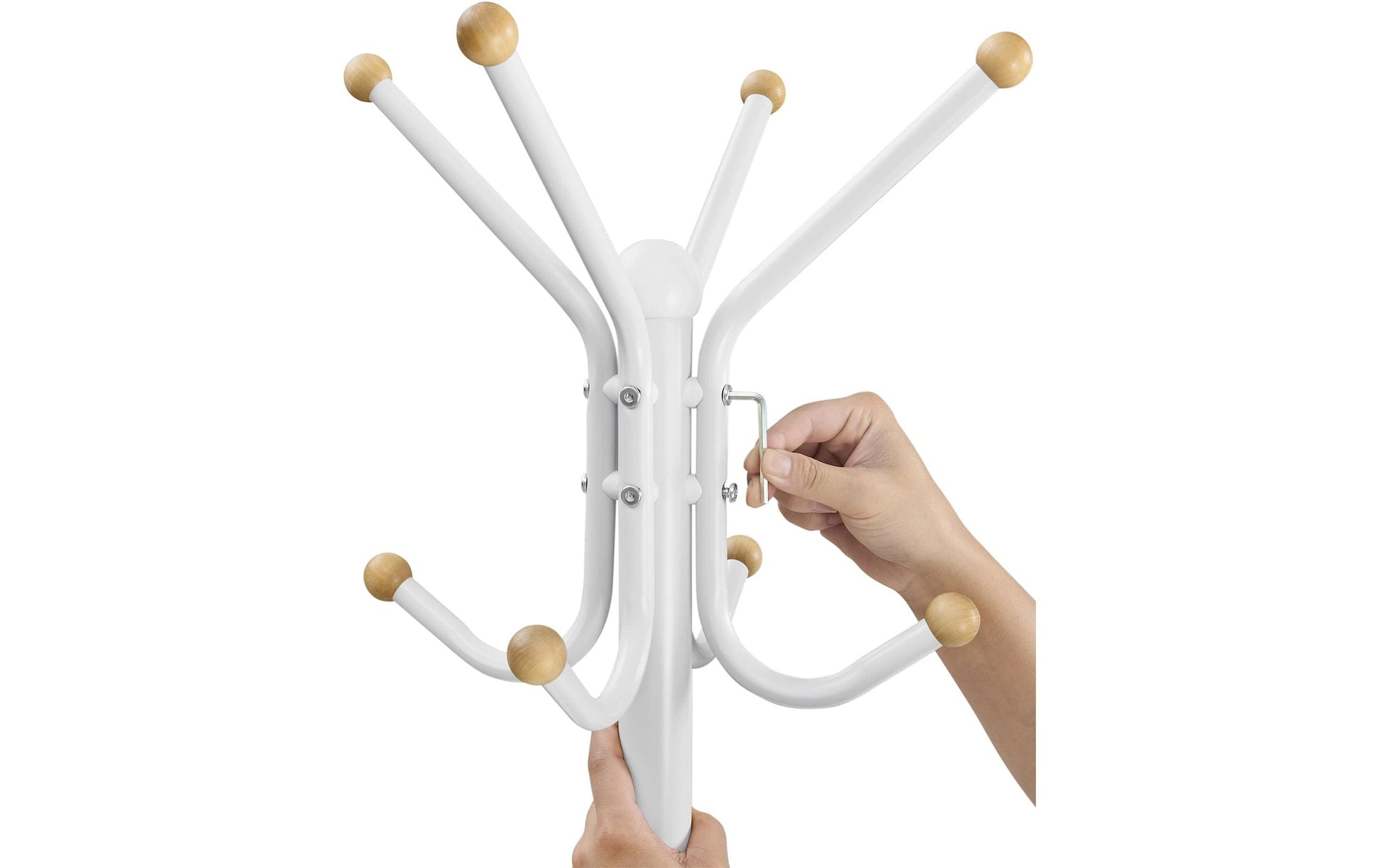 Songmics Garderobenständer – 12 Haken, Stahl, Weiss/Holz, 55 × 55 × 180 cm