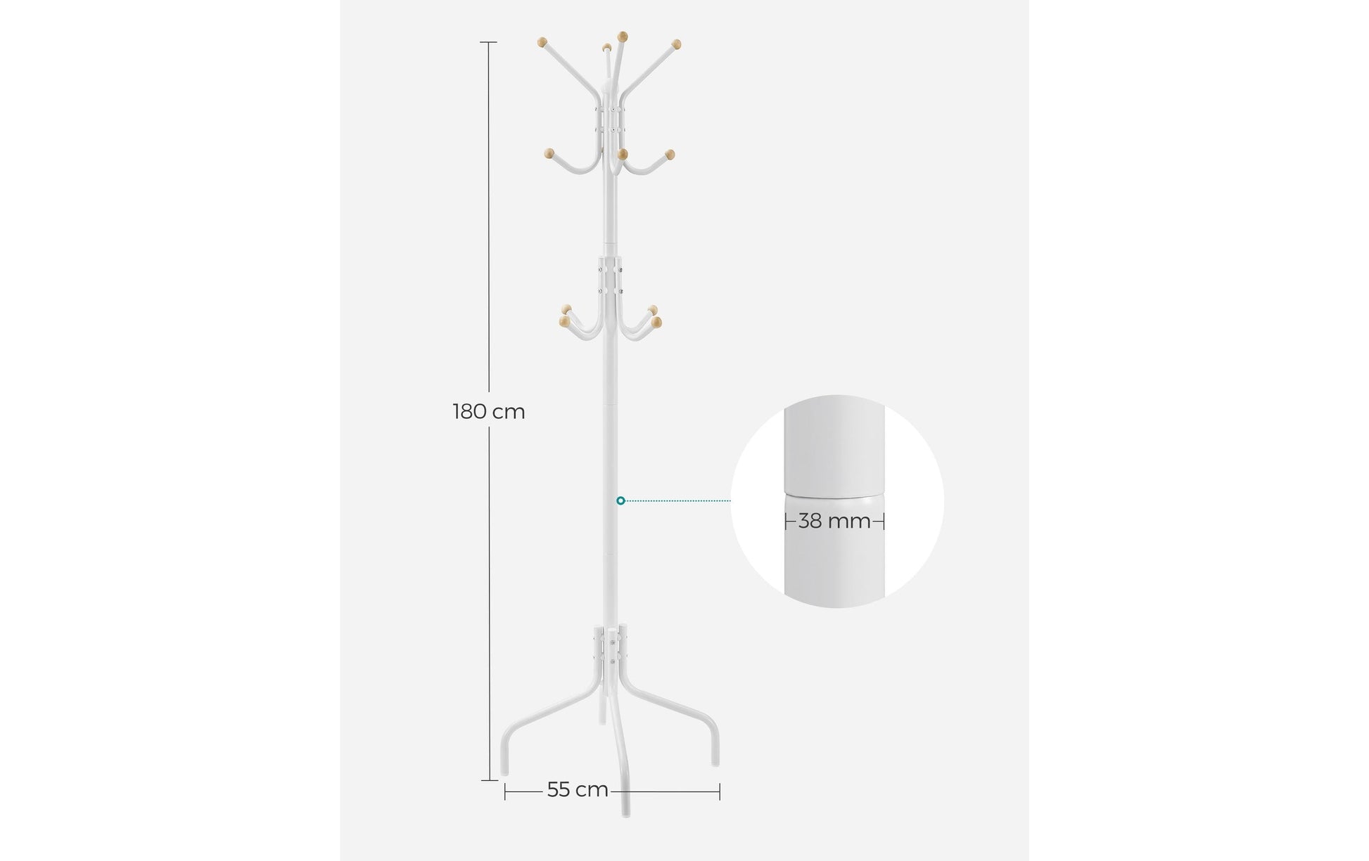 Songmics Garderobenständer – 12 Haken, Stahl, Weiss/Holz, 55 × 55 × 180 cm
