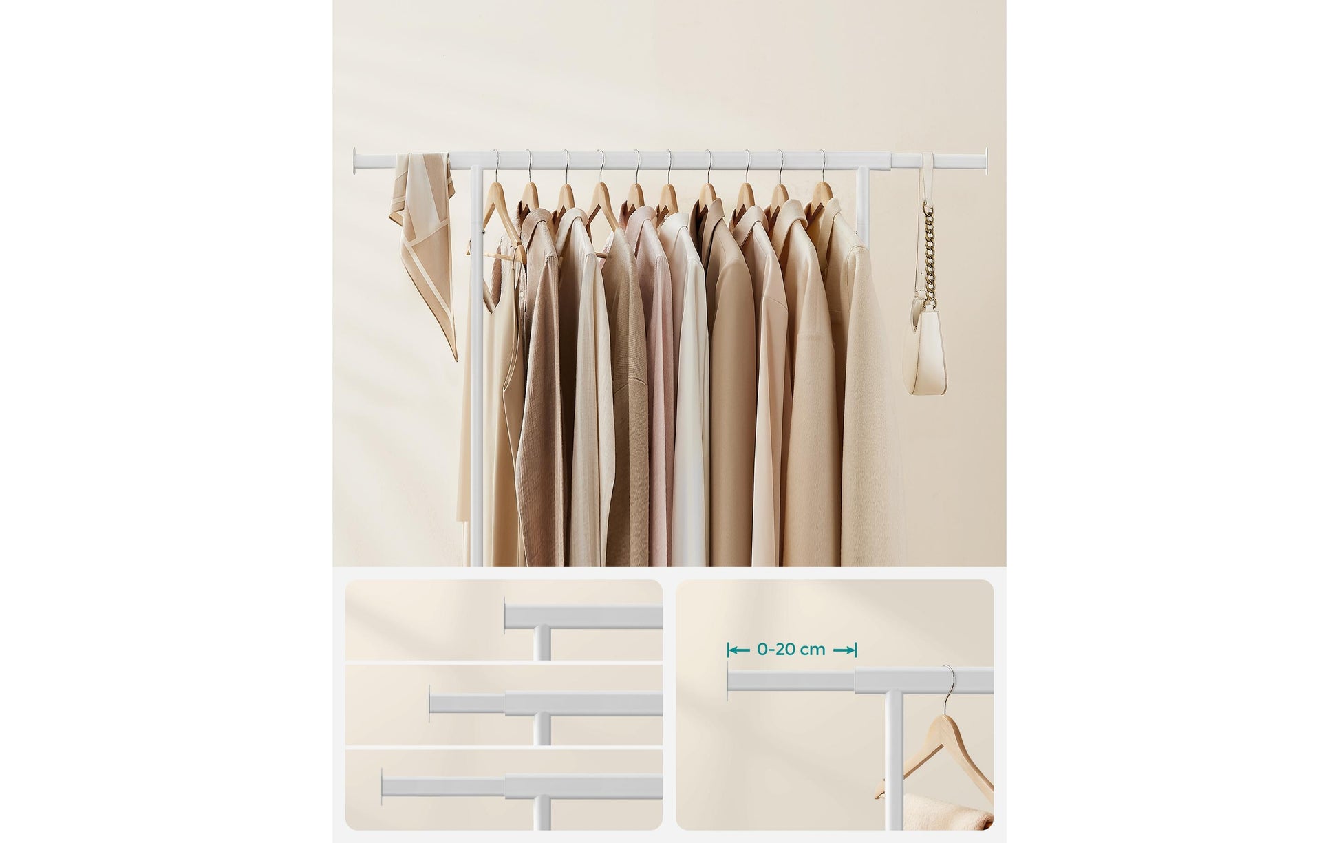 Songmics Garderobenständer (mit Rollen, 90 kg Tragkraft) – Stahl – Weiss – 1'600 mm