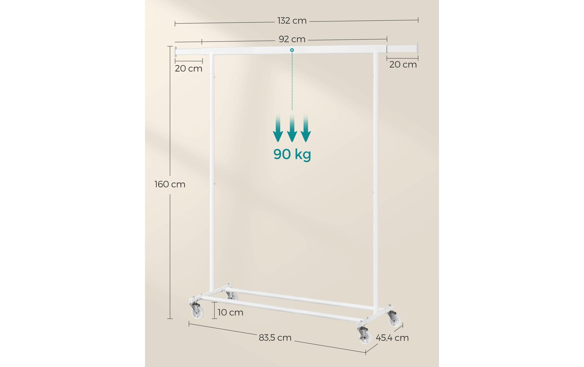 Songmics Garderobenständer (mit Rollen, 90 kg Tragkraft) – Stahl – Weiss – 1'600 mm