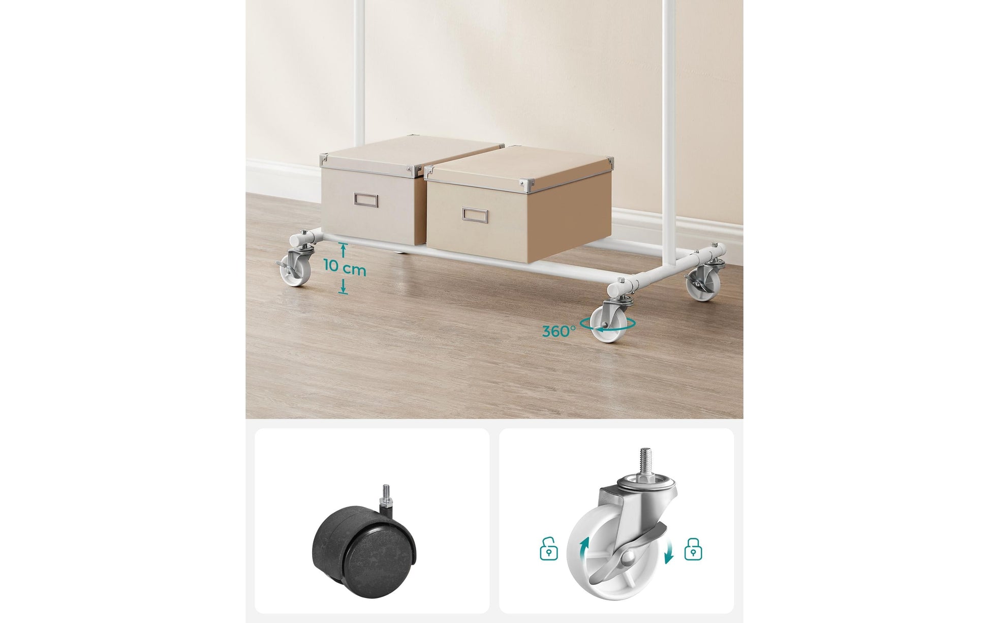 Songmics Garderobenständer (mit Rollen, 90 kg Tragkraft) – Stahl – Weiss – 1'600 mm