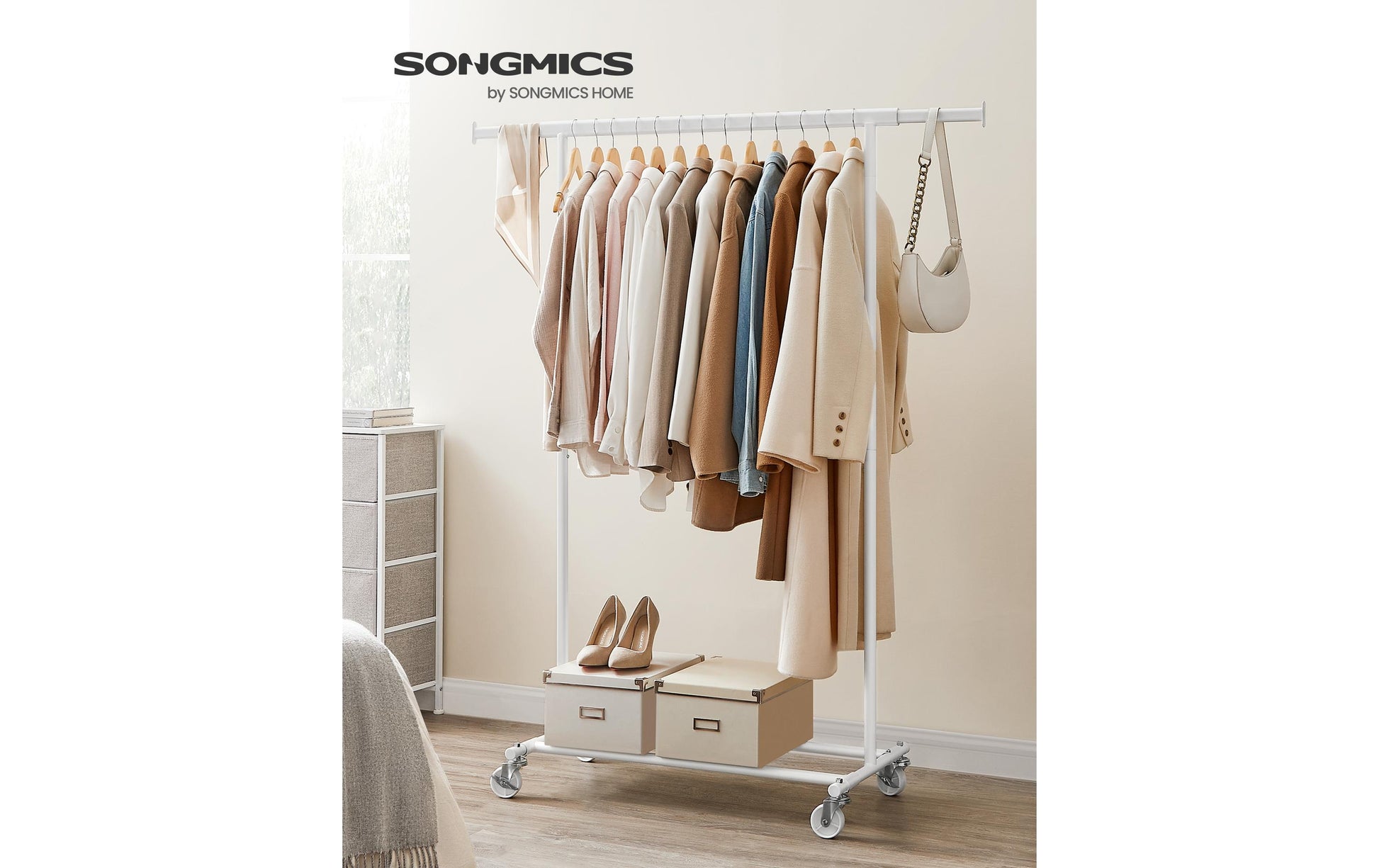 Songmics Garderobenständer (mit Rollen, 90 kg Tragkraft) – Stahl – Weiss – 1'600 mm