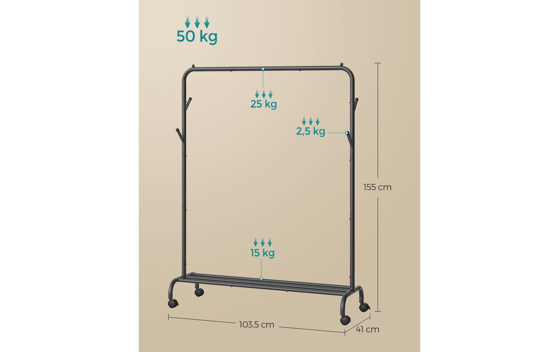 Songmics Garderobenständer (4 Haken, mit Rollen) – Stahl – Schwarz – 1550 mm