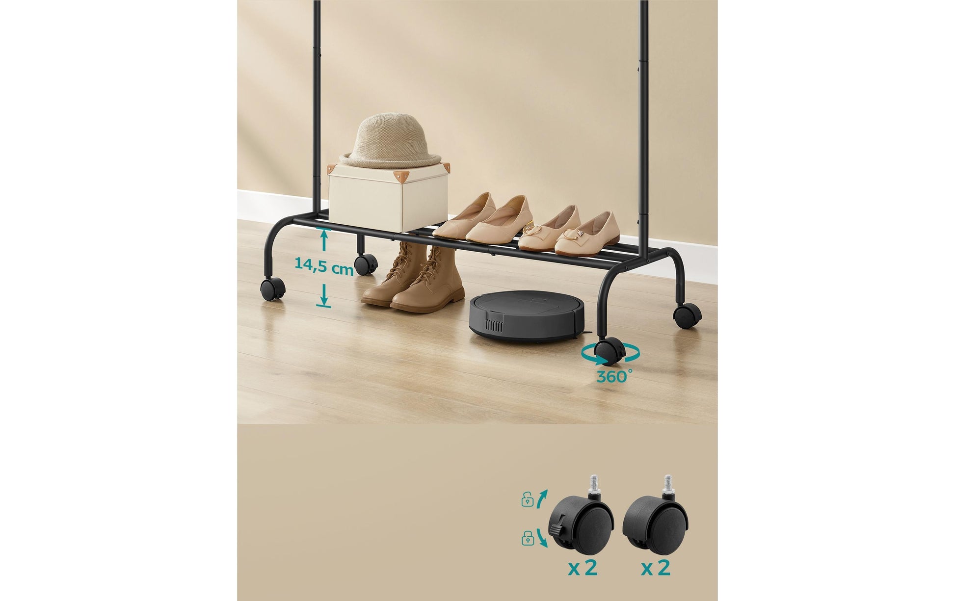 Songmics Garderobenständer (4 Haken, mit Rollen) – Stahl – Schwarz – 1550 mm