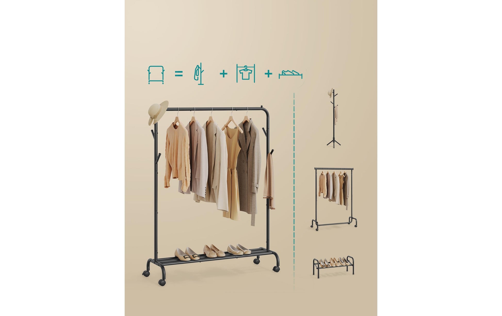 Songmics Garderobenständer (4 Haken, mit Rollen) – Stahl – Schwarz – 1550 mm