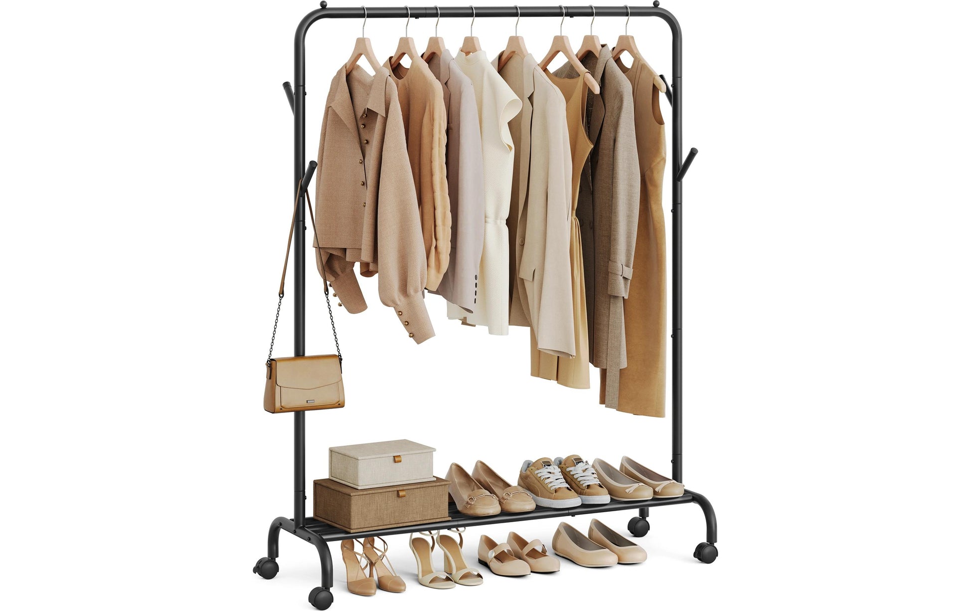Songmics Garderobenständer (4 Haken, mit Rollen) – Stahl – Schwarz – 1550 mm