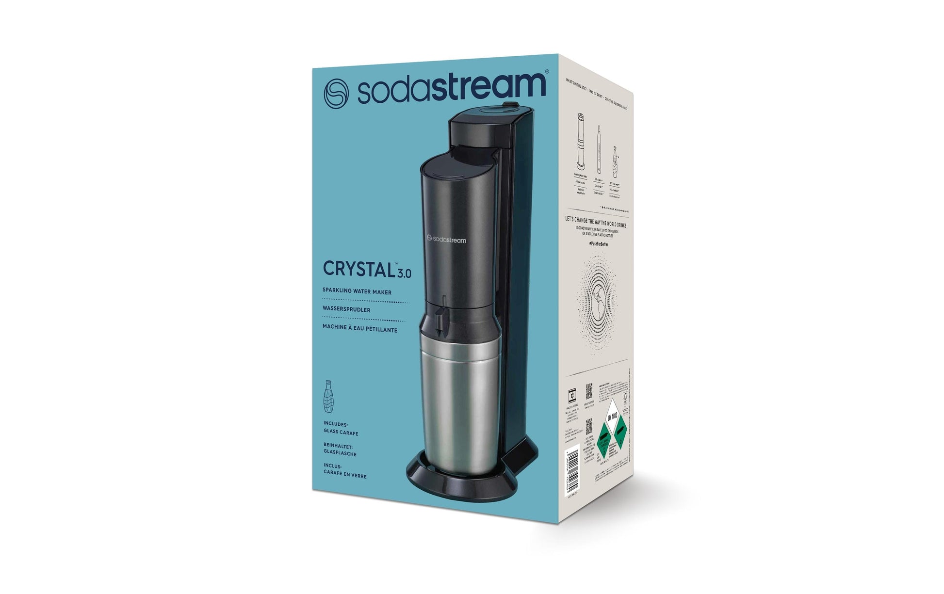 SodaStream Wassersprudler Crystal 3.0 – 0,615 l Glasflasche, 60 l Zylinder – schwarz/Edelstahl