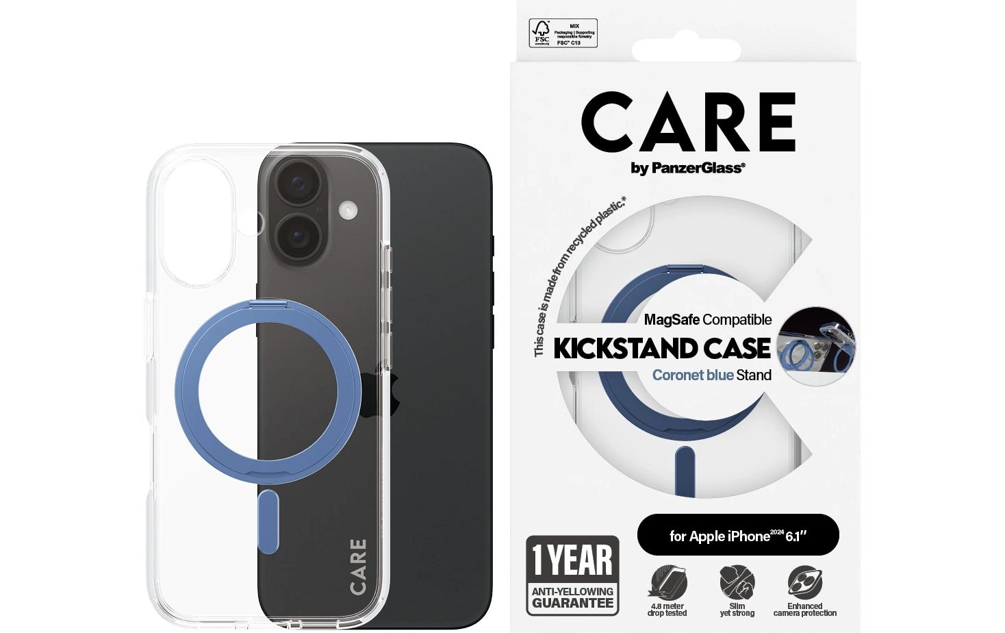 PanzerGlass CARE – Backcover – für Apple iPhone 16 – transparent/blau – MagSafe-kompatibel, mit Ständer