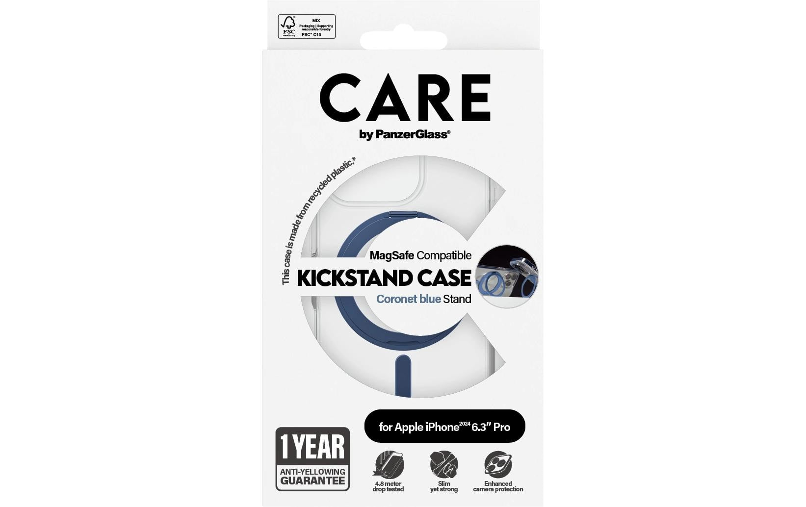 PanzerGlass CARE – Backcover – für Apple iPhone 16 Pro – blau/transparent – MagSafe kompatibel, mit Standfuss