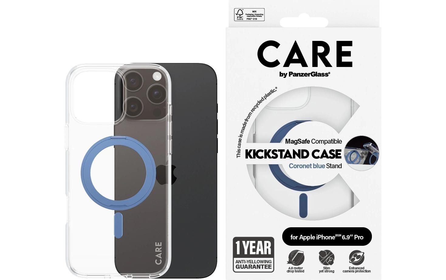 PanzerGlass CARE – Backcover – für Apple iPhone 16 Pro Max – transparent/blau – MagSafe-kompatibel, mit Standfuss