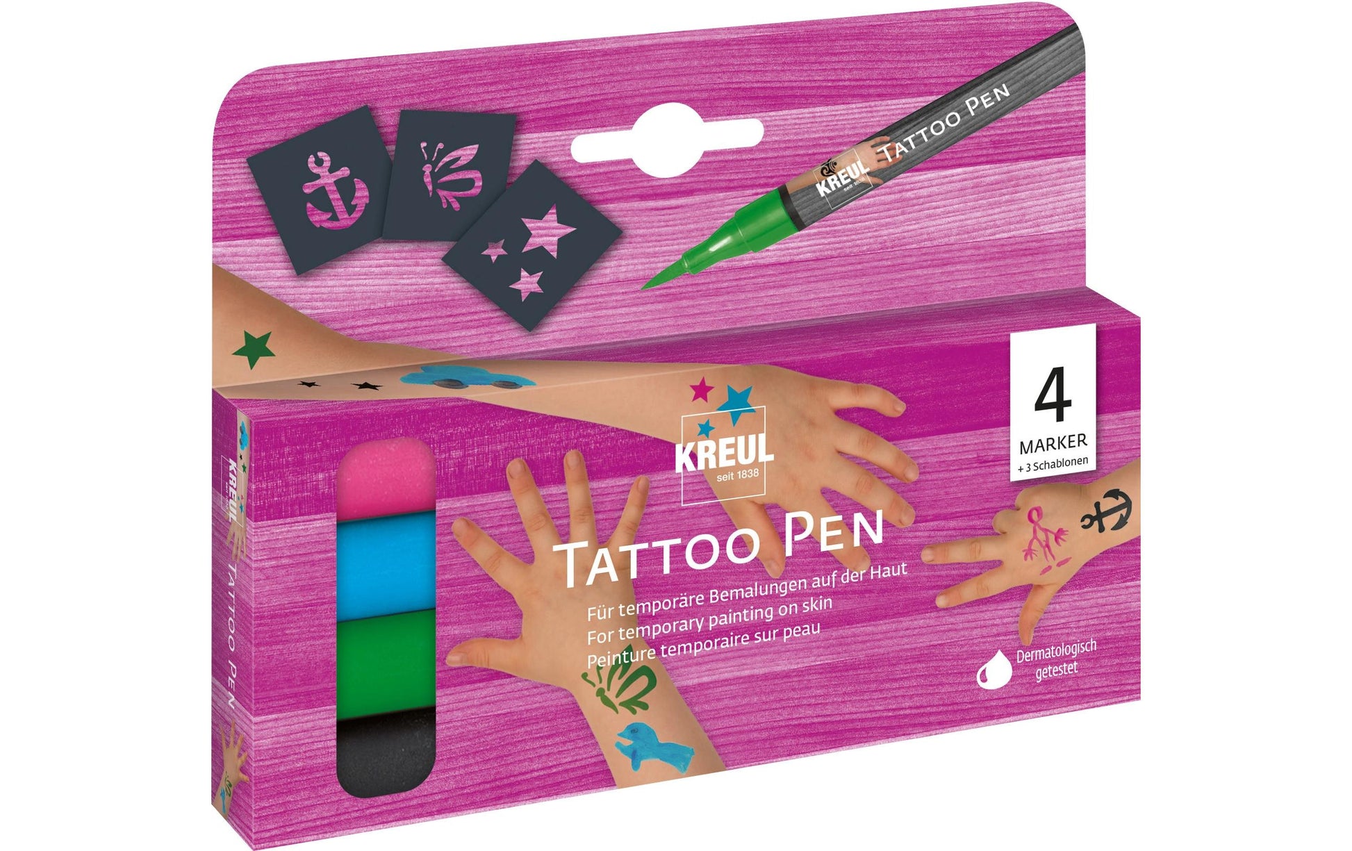 KREUL Tattoo-Marker – 4 Farben, 4er Set, auswaschbar, schnelltrocknend – für temporäre Tattoos