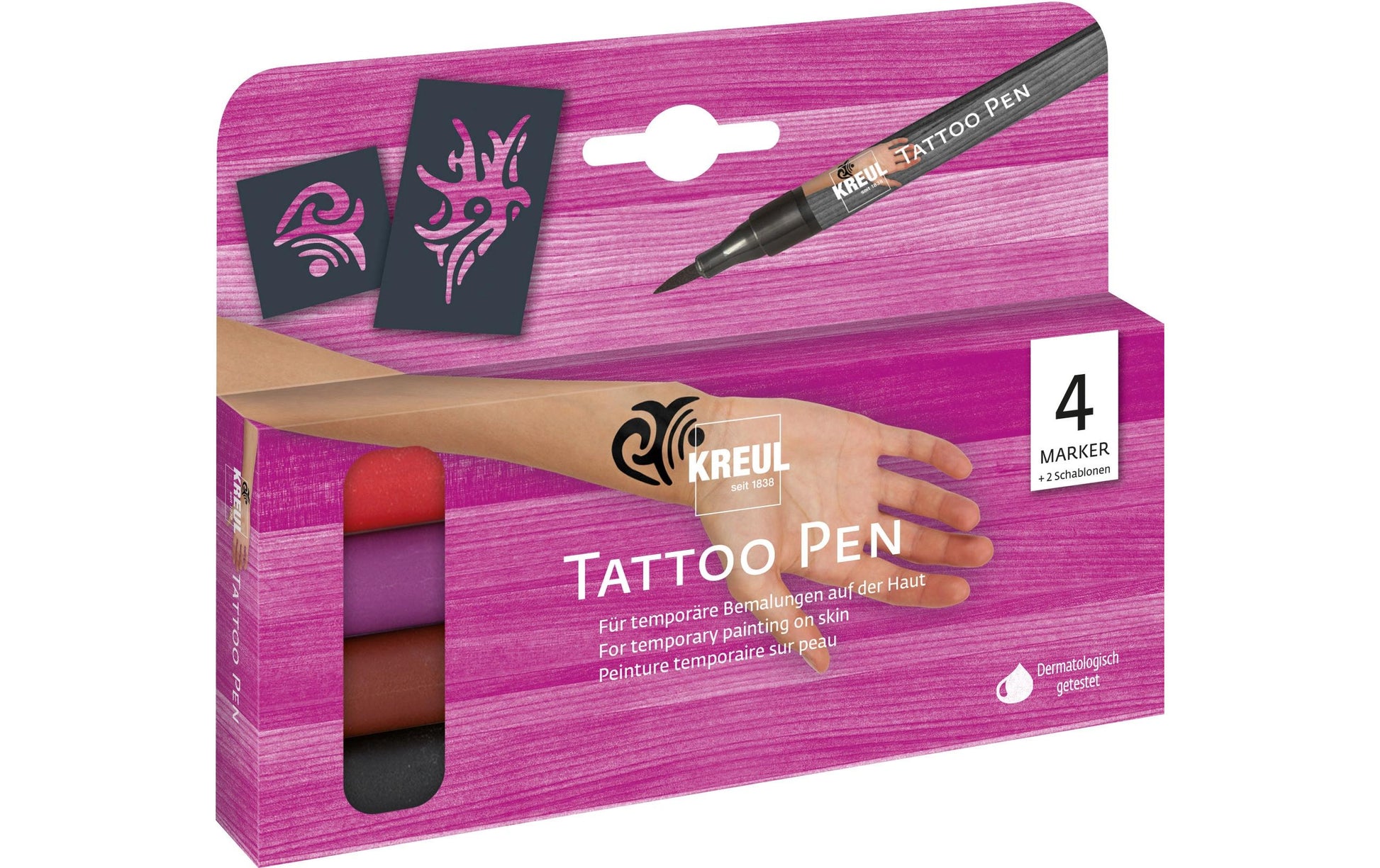 KREUL Tattoo-Marker – schwarz, rot, violett, 4 Stk., schnelltrocknend, wasserfest – für Haut
