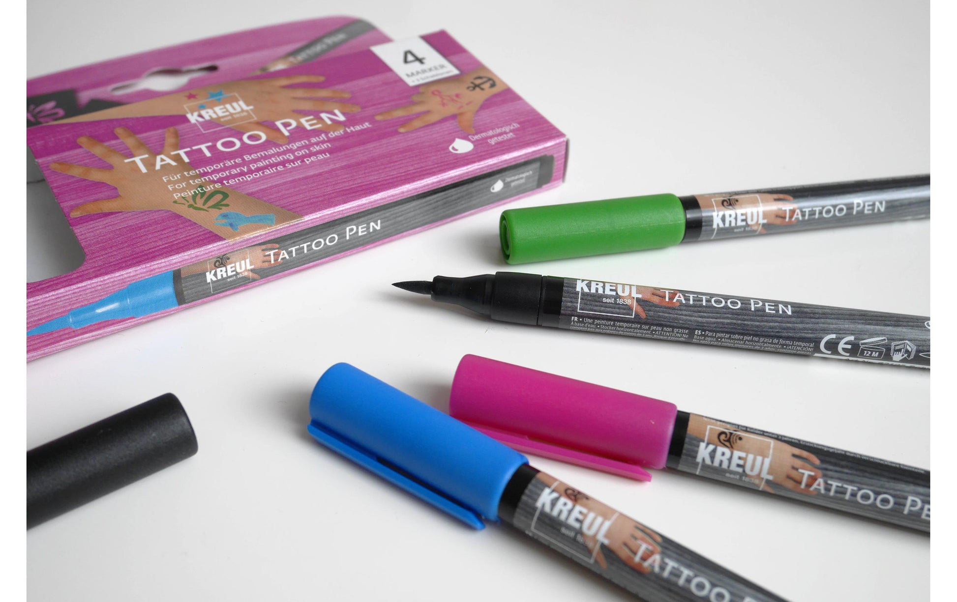KREUL Tattoo-Marker – 4 Farben, 4er Set, auswaschbar, schnelltrocknend – für temporäre Tattoos