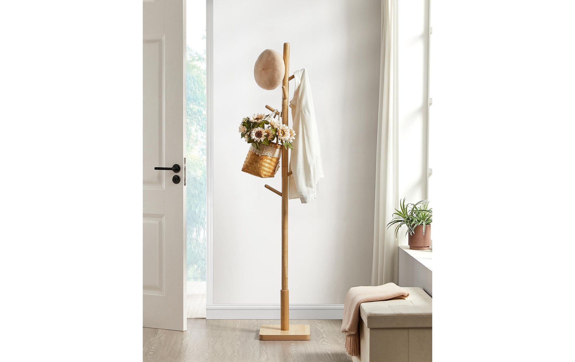 Vasagle Garderobenständer – 8 Haken, Gummibaumholz/MDF, Beige, 30 × 30 × 175 cm