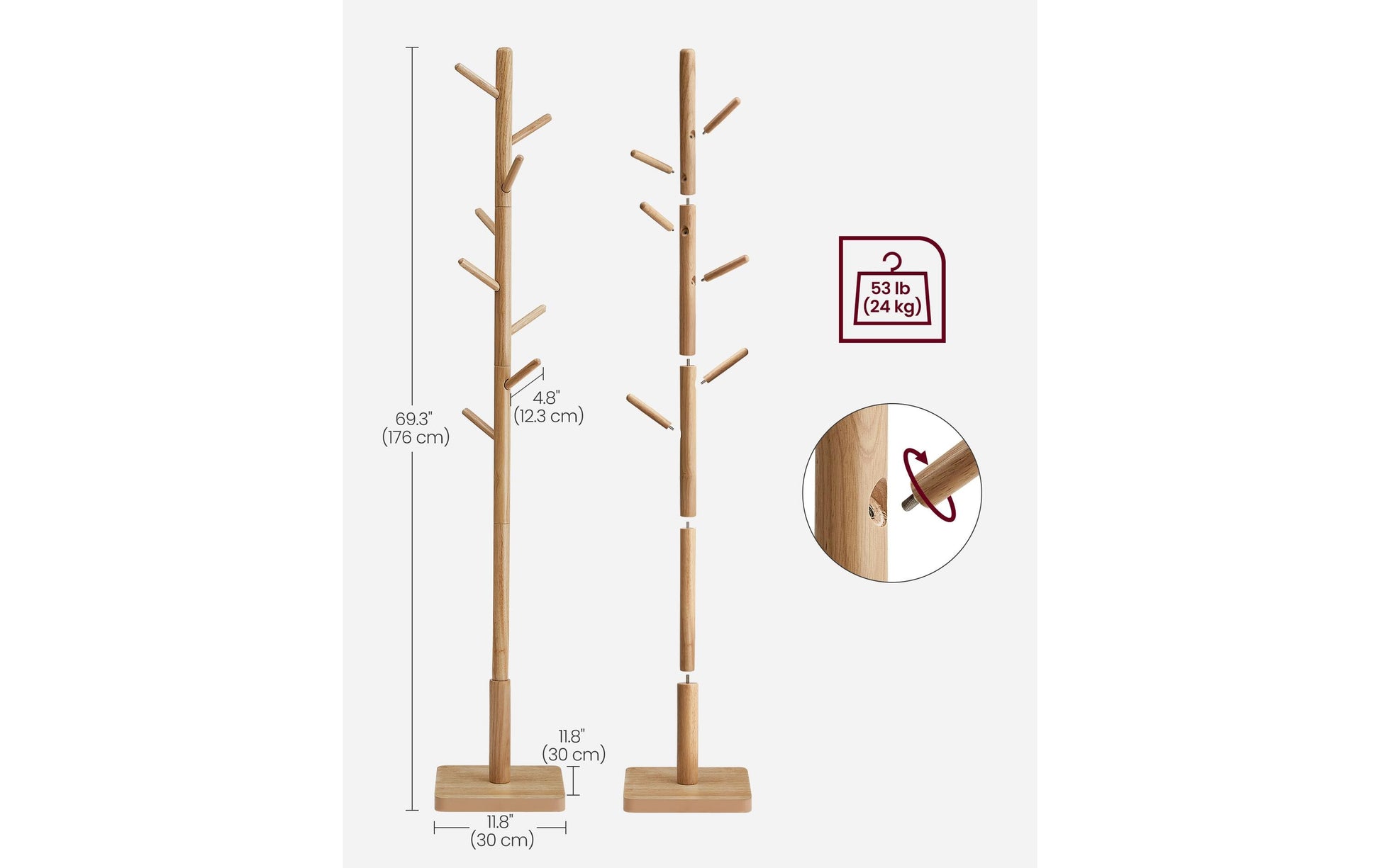Vasagle Garderobenständer – 8 Haken, Gummibaumholz/MDF, Beige, 30 × 30 × 175 cm