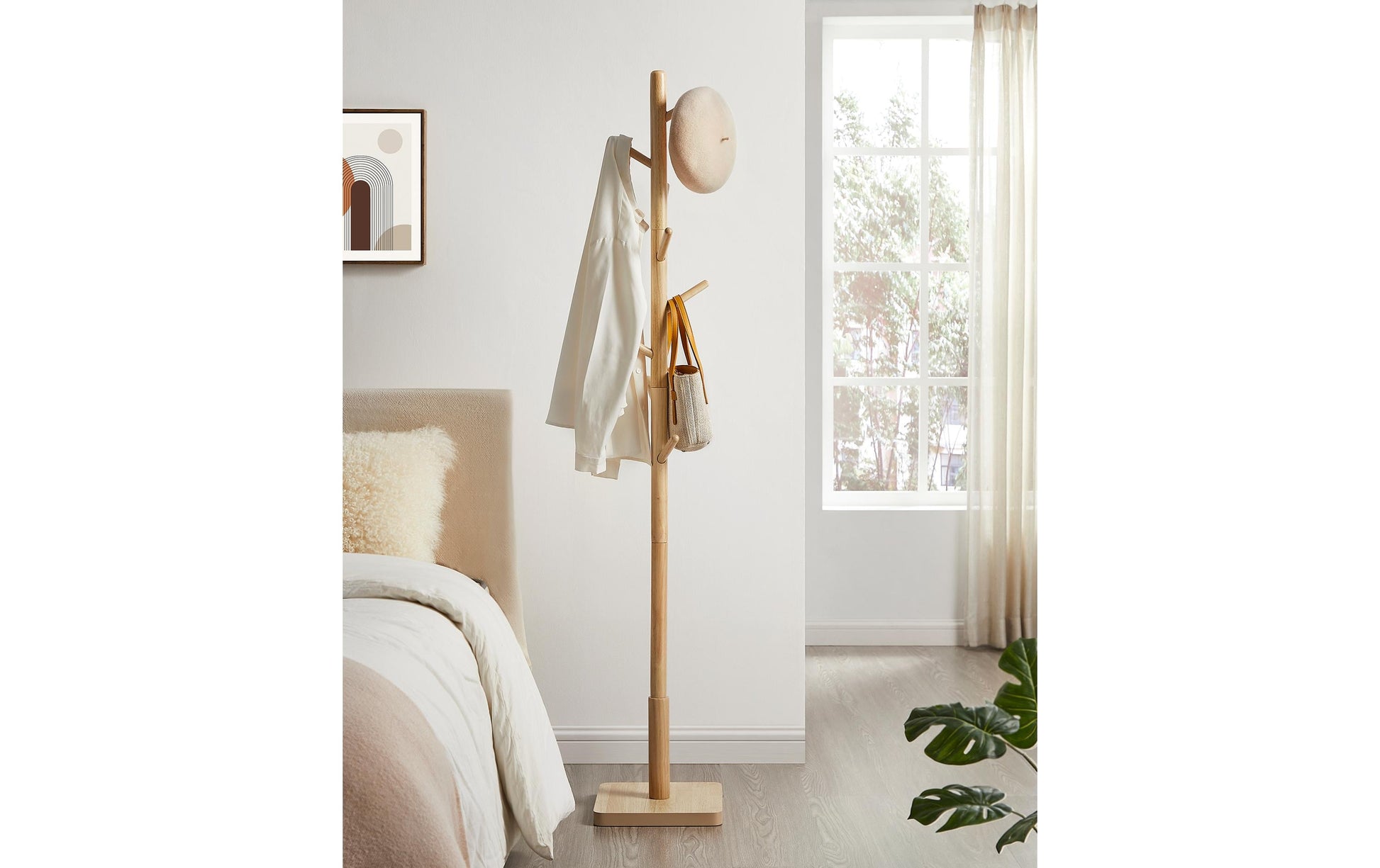 Vasagle Garderobenständer – 8 Haken, Gummibaumholz/MDF, Beige, 30 × 30 × 175 cm