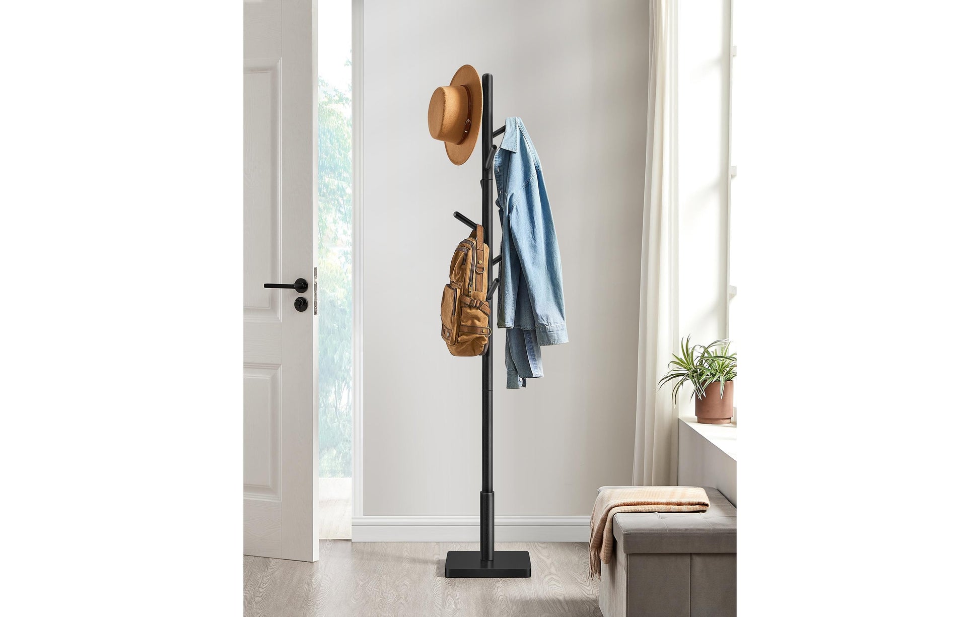 Vasagle Garderobenständer – 8 Haken, Gummibaumholz/MDF, Schwarz, 30 × 30 × 175 cm