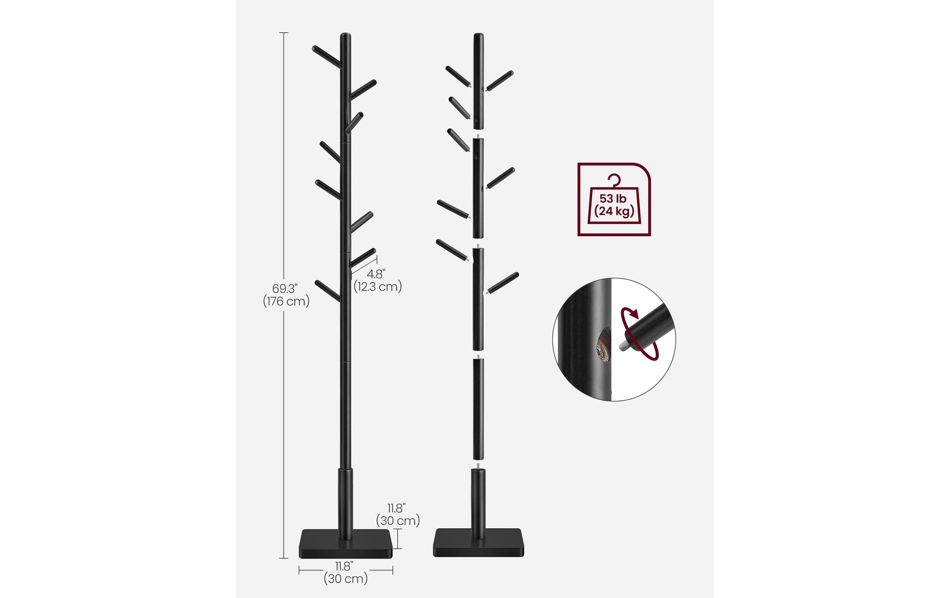 Vasagle Garderobenständer – 8 Haken, Gummibaumholz/MDF, Schwarz, 30 × 30 × 175 cm