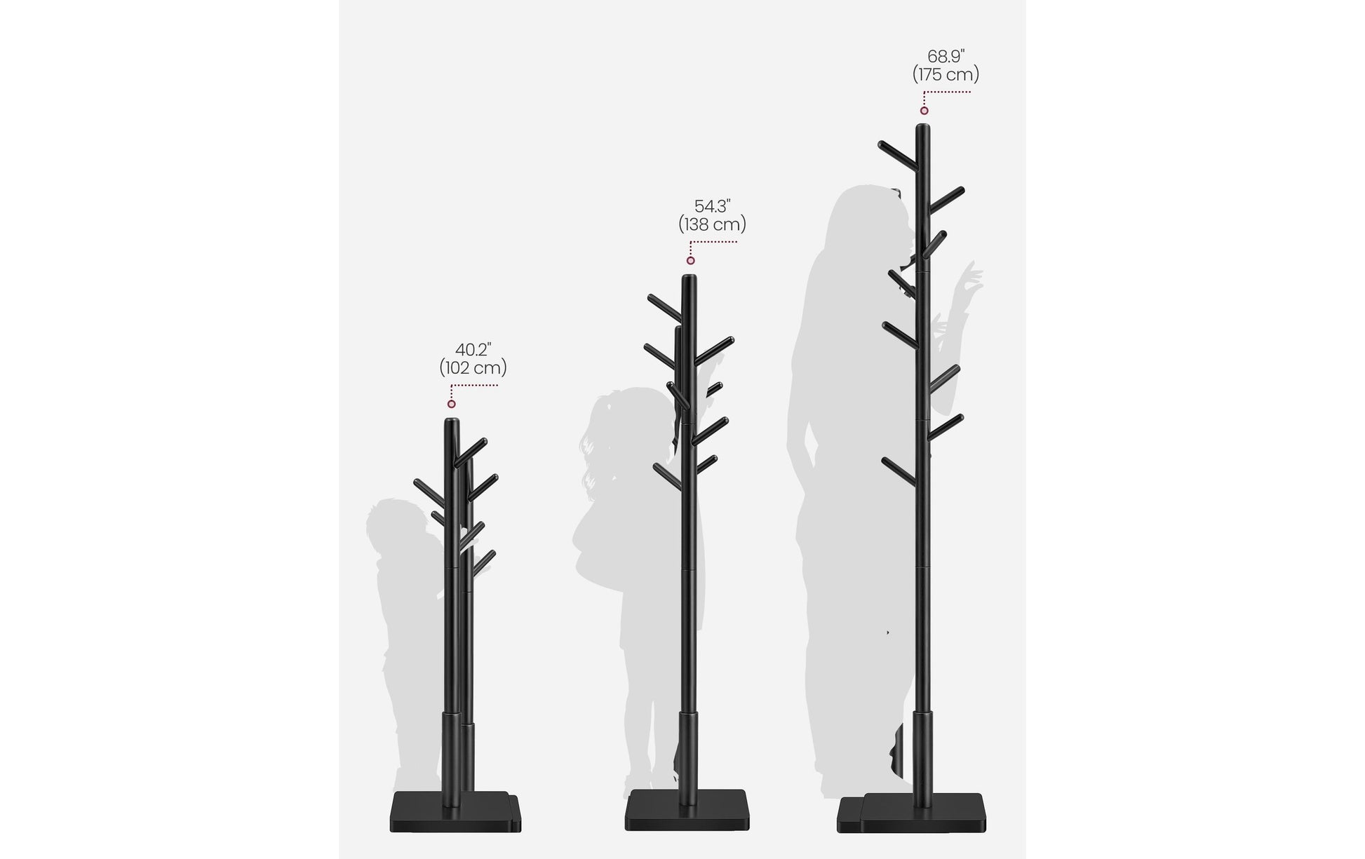 Vasagle Garderobenständer – 8 Haken, Gummibaumholz/MDF, Schwarz, 30 × 30 × 175 cm