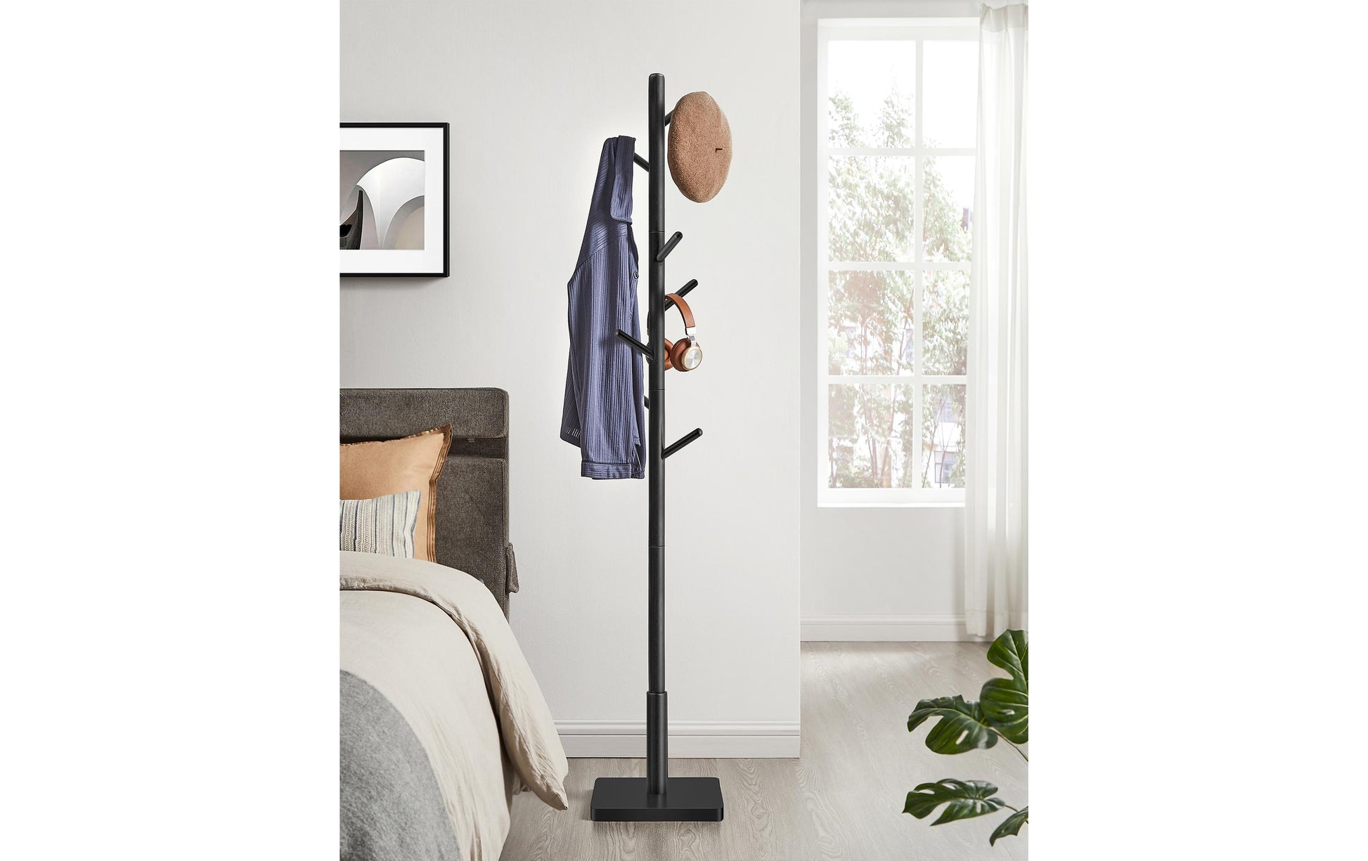 Vasagle Garderobenständer – 8 Haken, Gummibaumholz/MDF, Schwarz, 30 × 30 × 175 cm