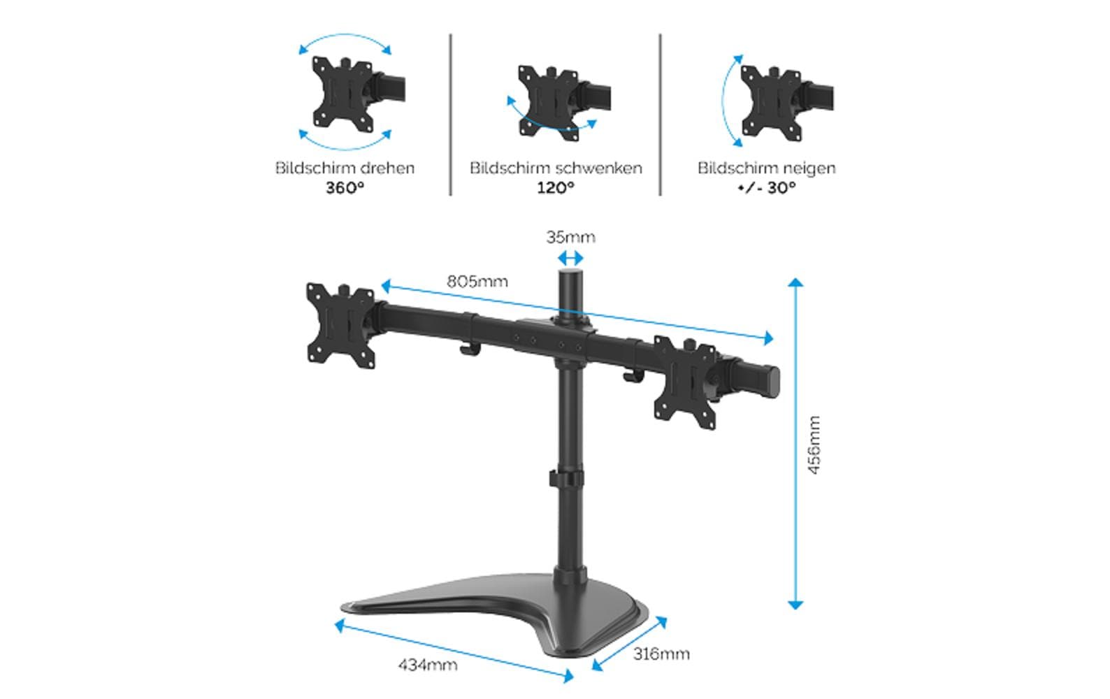 Fellowes Seasa – Monitorhalterung, 2 Monitore, Standfuss, bis 27", VESA 75 × 75/100 × 100 mm, 8 kg, Schwarz