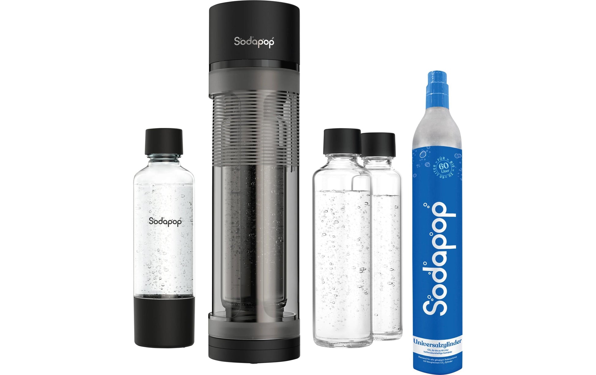 mySodapop Sodapop – Wassersprudler, 3 Flaschen (2× Glas, 1× Kunststoff), CO₂-Zylinder 0,6 l, Schwarz matt
