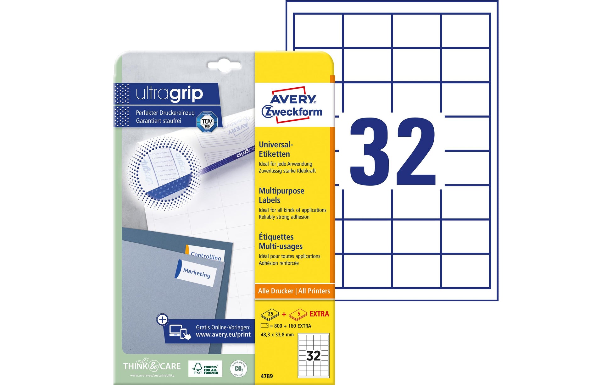 Avery 4789 – Etiketten A4 48 × 34 mm – weiss – permanent haftend – Laser/Inkjet – 30 Blätter (960 Stk.)
