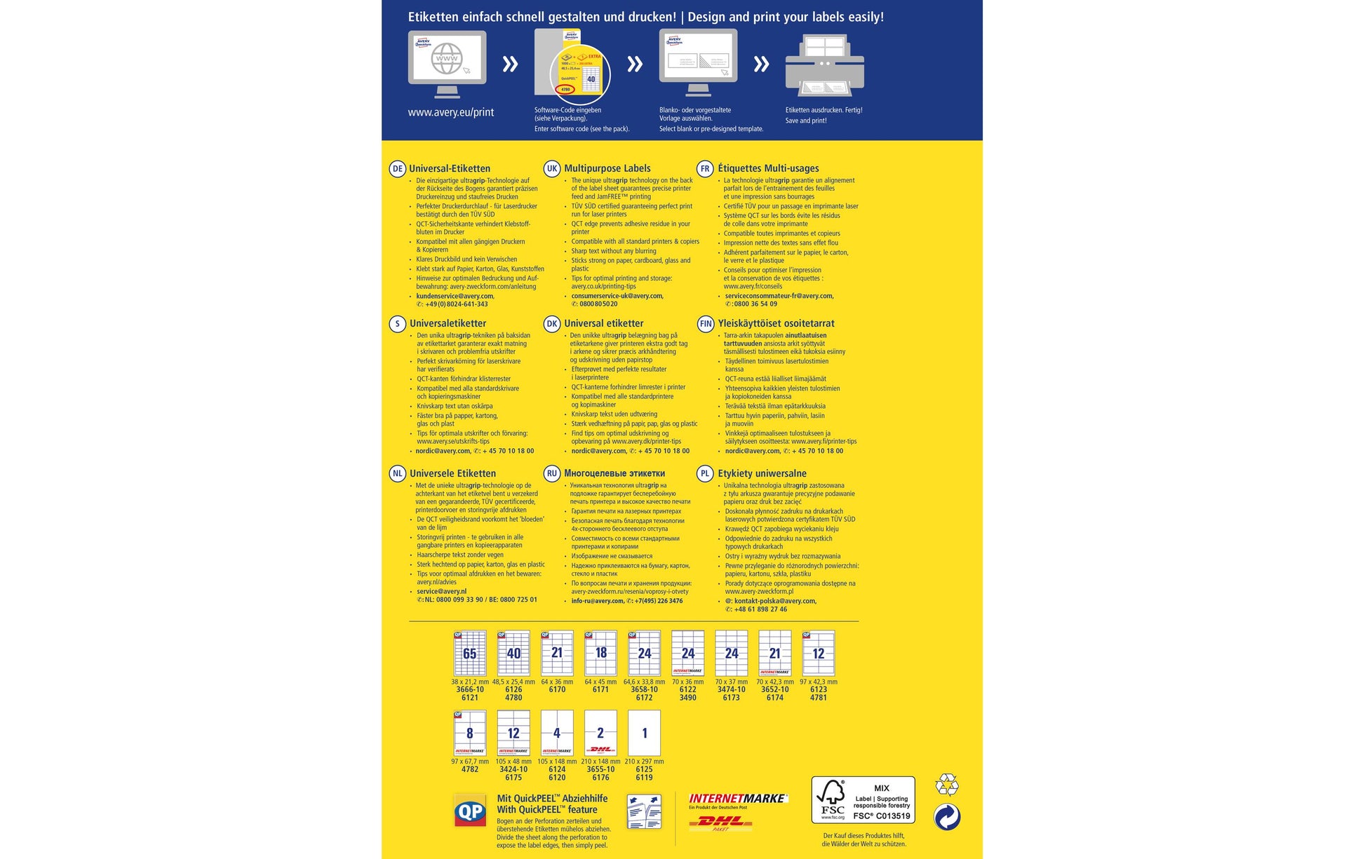 Avery 4789 – Etiketten A4 48 × 34 mm – weiss – permanent haftend – Laser/Inkjet – 30 Blätter (960 Stk.)