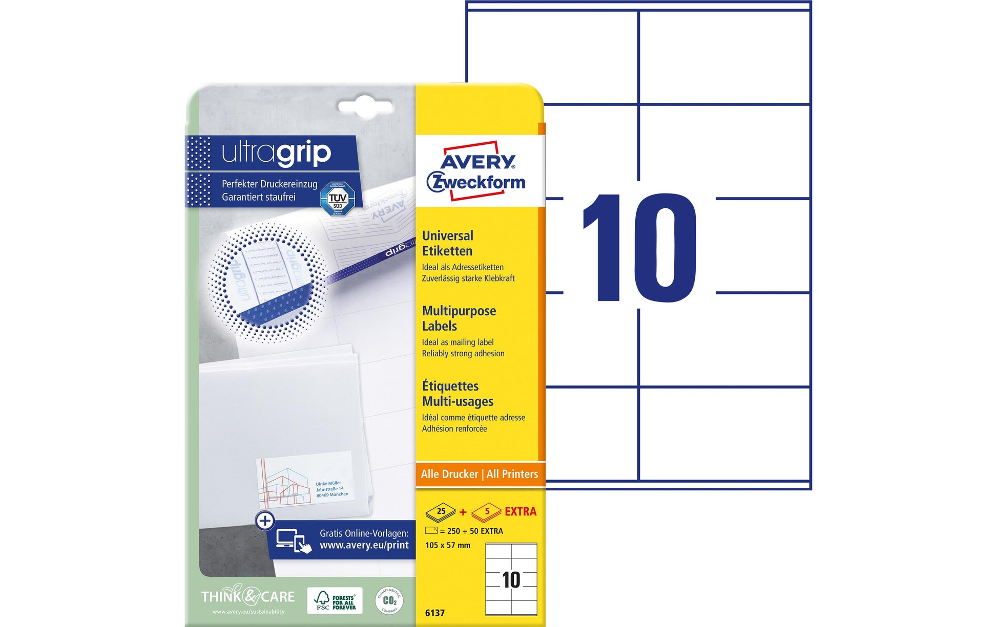 AVERY Zweckform 6137 – Etiketten A4 105 × 57 mm – Papier, weiss – permanent haftend – Laser/Inkjet