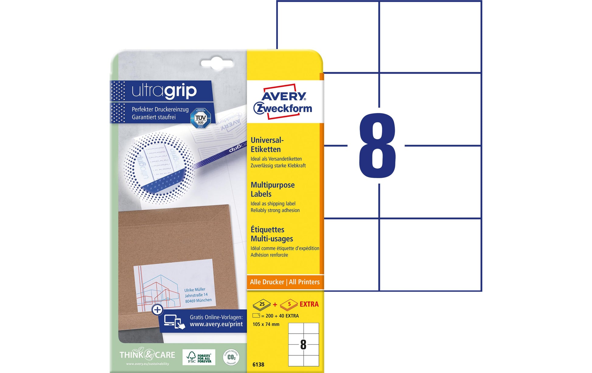 Avery 6138 – Etiketten A4 105 × 74 mm – Papier, weiss – Laser/Inkjet – 8 pro Blatt, 30 Blätter