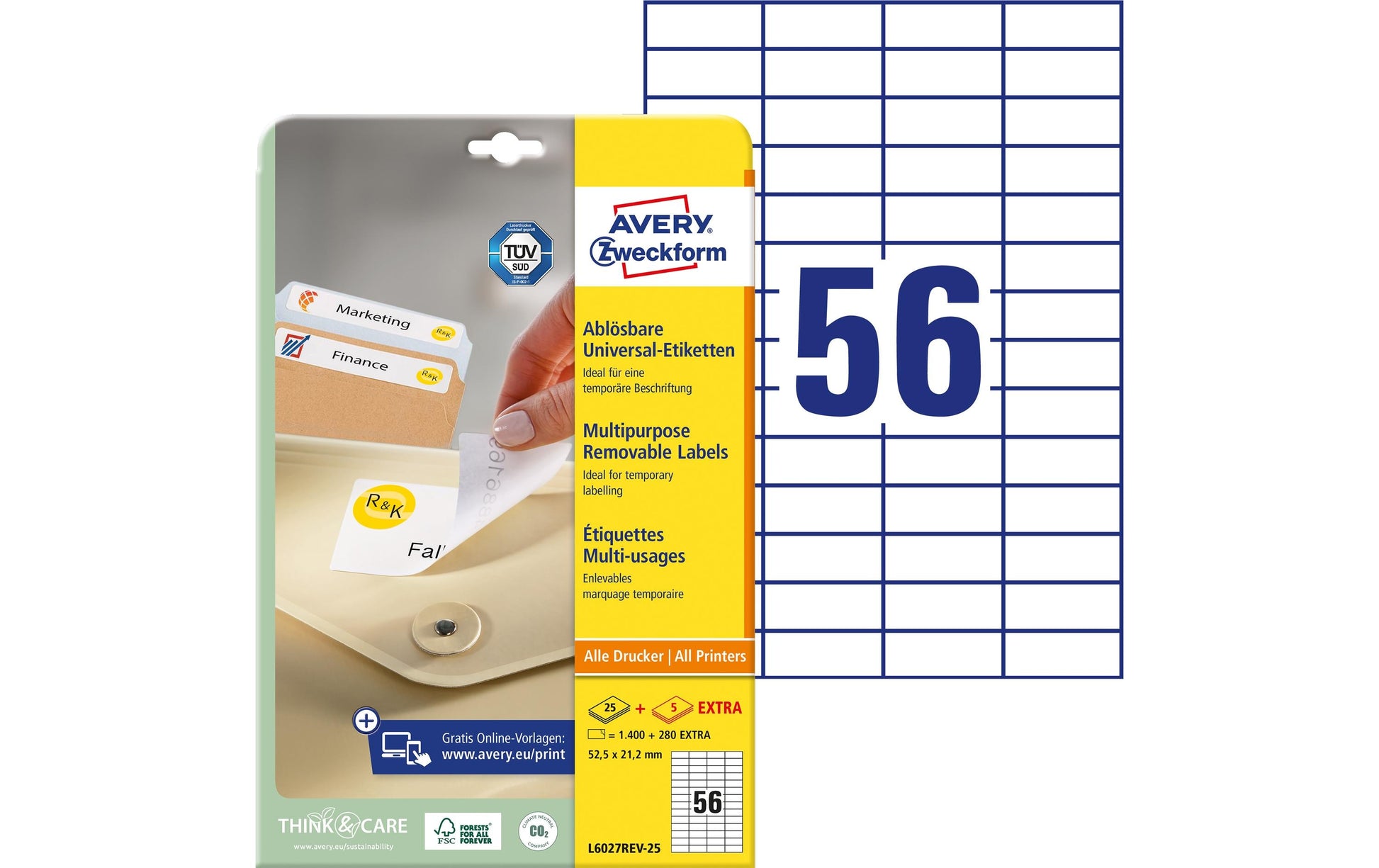 Avery Drucketiketten, 53 mm × 21 mm, weiss, Papier, wiederablösbar, Pack à 30 Blatt (1680 Etiketten)
