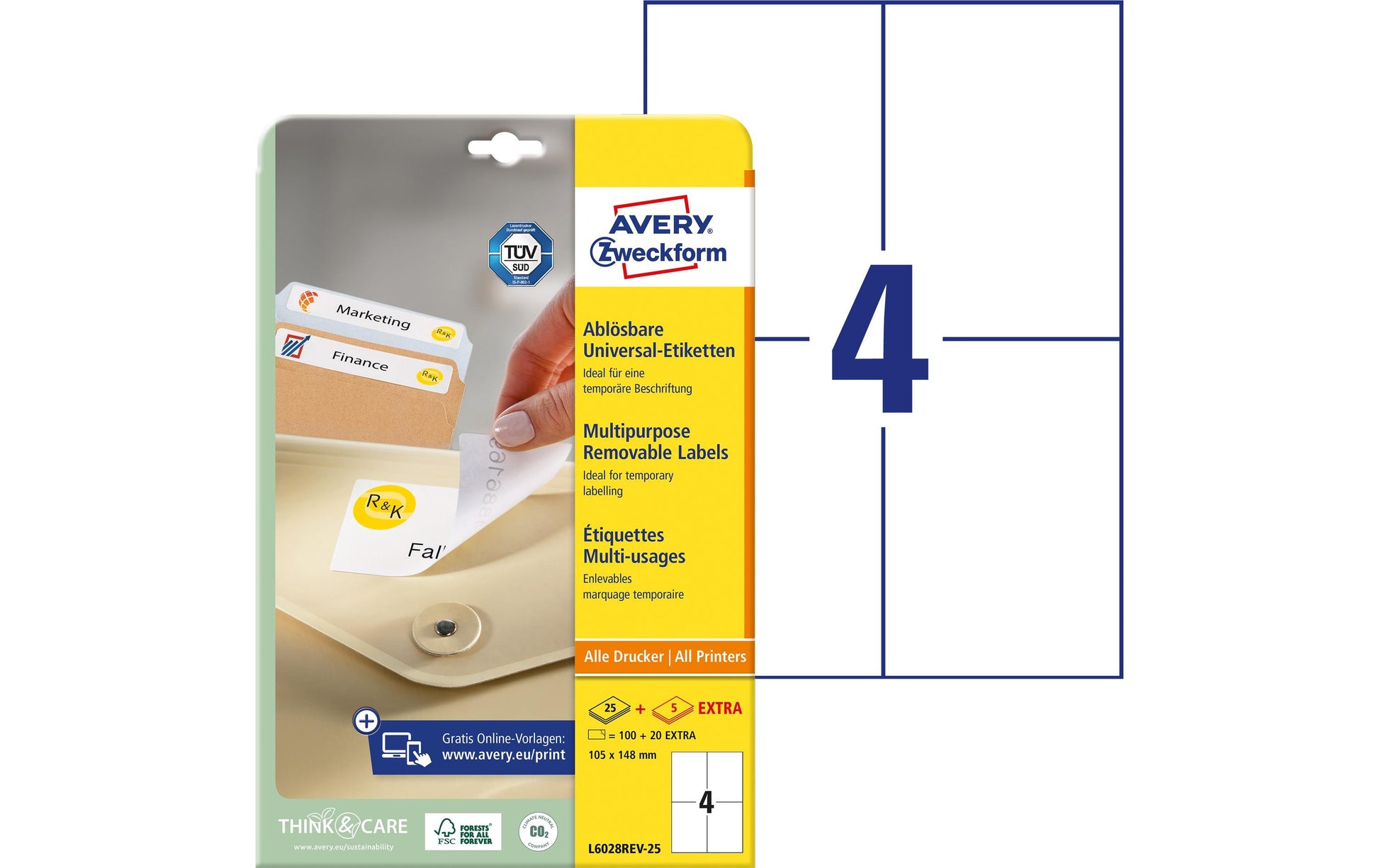 Avery Drucker-Etiketten, 105 mm × 148 mm, weiss, Papier, wiederablösbar, 30 Blatt