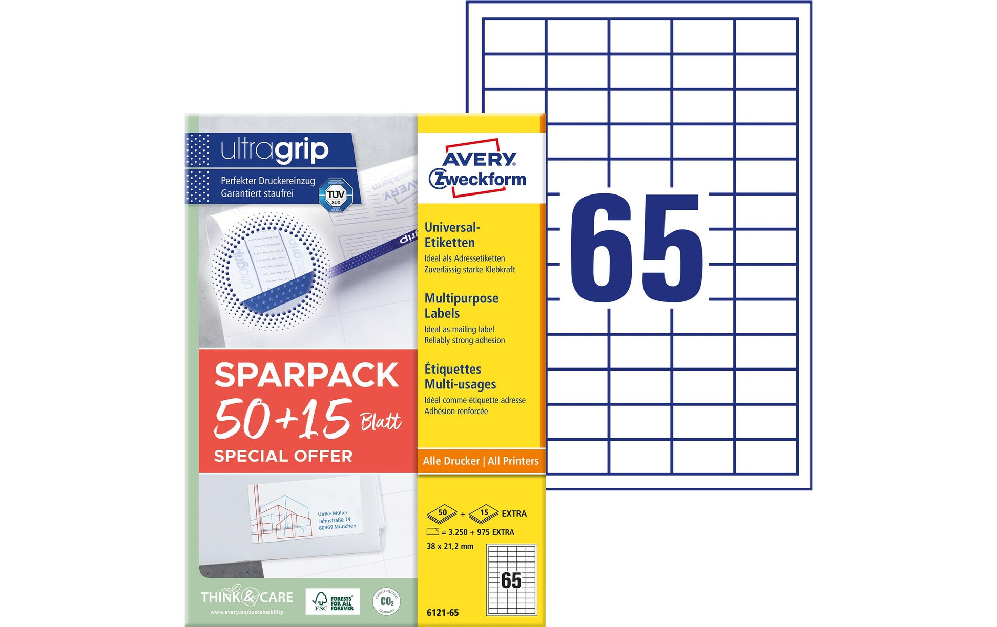 AVERY Zweckform – Etiketten A4 38 × 21 mm – weiss – permanent haftend – Laser/Inkjet – 65 Blätter, 65 Blätter