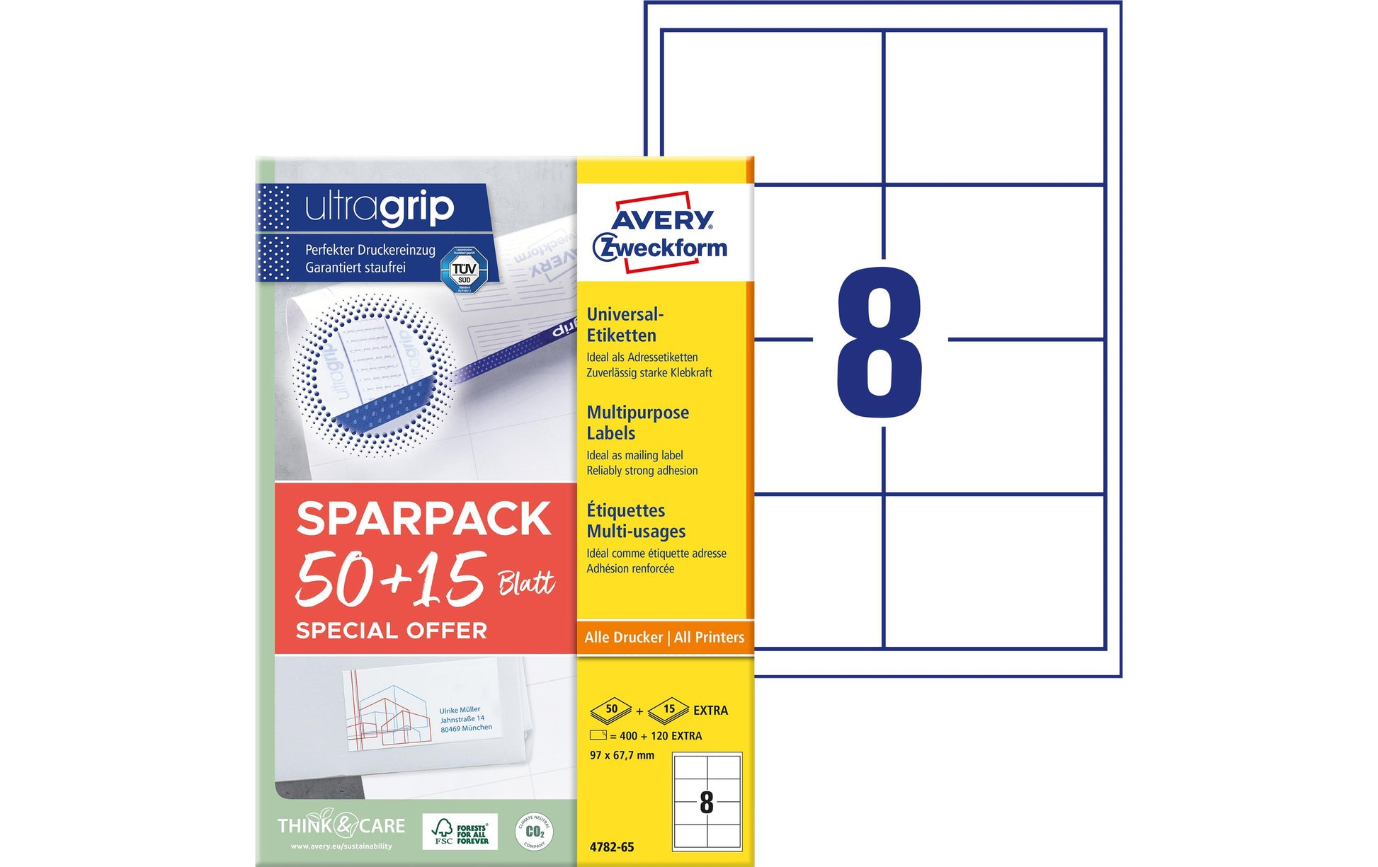 Avery 4782-65 – Etiketten A4 97 × 68 mm – Papier, weiss – Permanent haftend – Laser/Inkjet – 8 pro Blatt, 65 Blätter