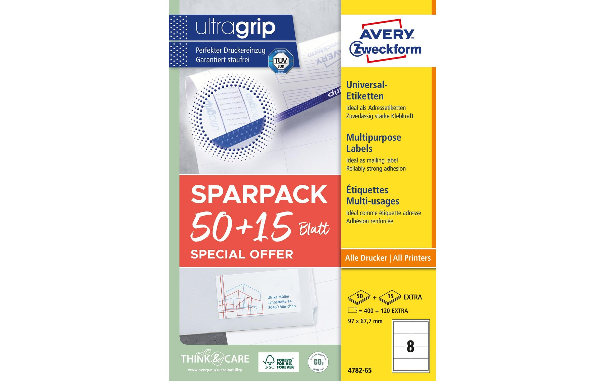 Avery 4782-65 – Etiketten A4 97 × 68 mm – Papier, weiss – Permanent haftend – Laser/Inkjet – 8 pro Blatt, 65 Blätter