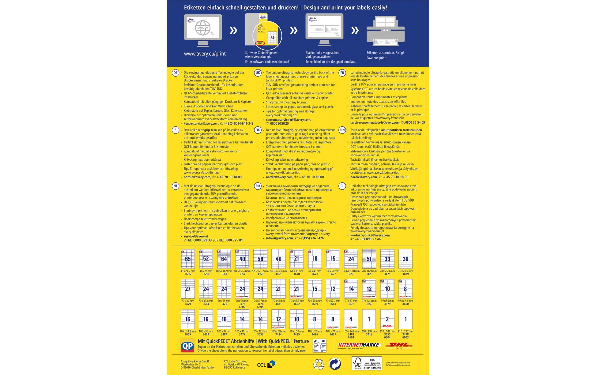 Avery 4782-65 – Etiketten A4 97 × 68 mm – Papier, weiss – Permanent haftend – Laser/Inkjet – 8 pro Blatt, 65 Blätter