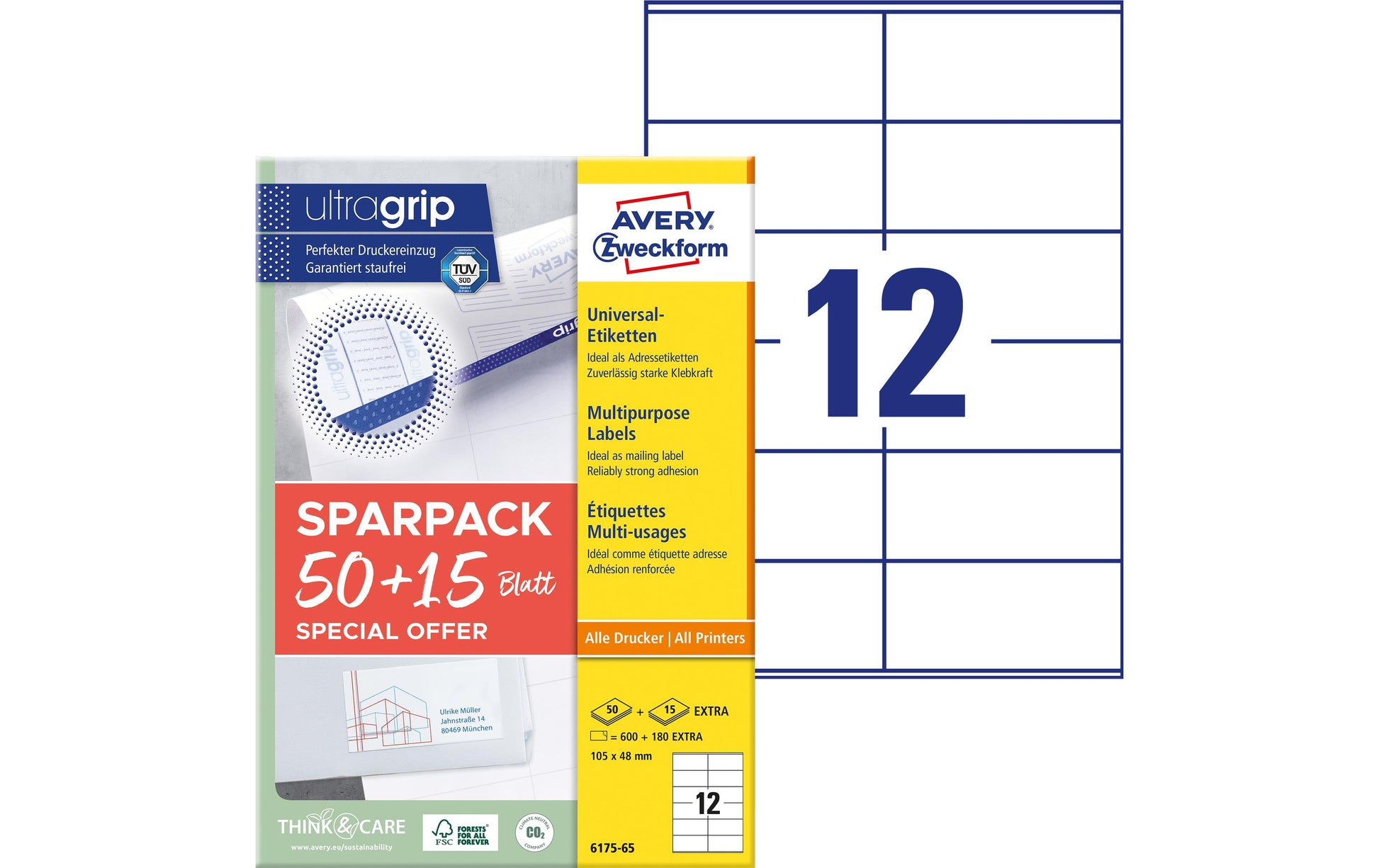 AVERY Zweckform – Etiketten A4 105 × 48 mm – Papier – permanent haftend – Laser/Inkjet – 12 pro Blatt, 65 Blätter
