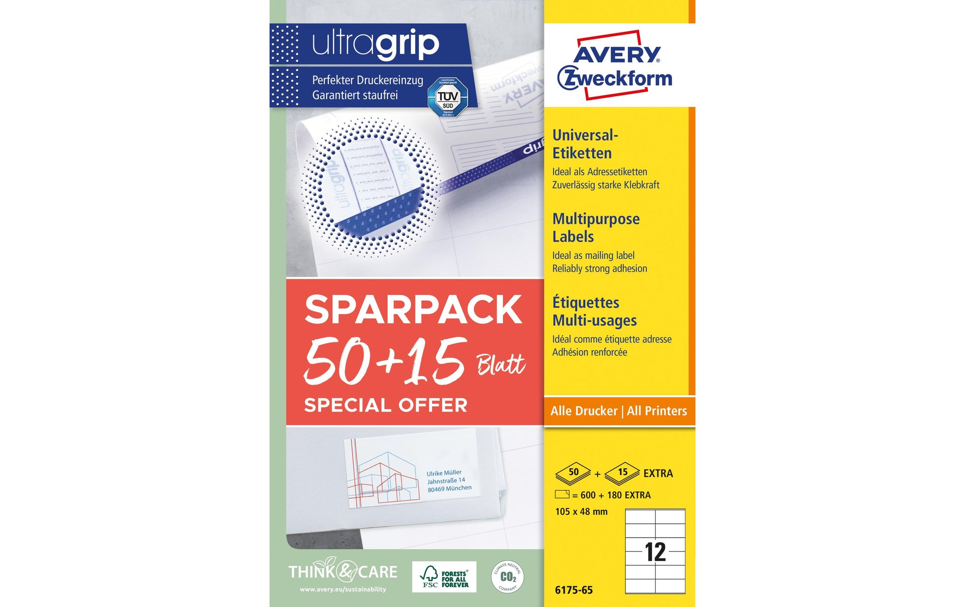 AVERY Zweckform – Etiketten A4 105 × 48 mm – Papier – permanent haftend – Laser/Inkjet – 12 pro Blatt, 65 Blätter