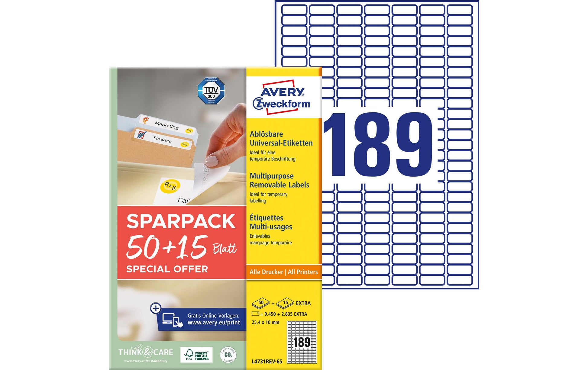 Avery L4731REV-65 – Etiketten A4 25 × 10 mm – Papier – wiederablösbar – 65 Blätter (12.285 Stk.)
