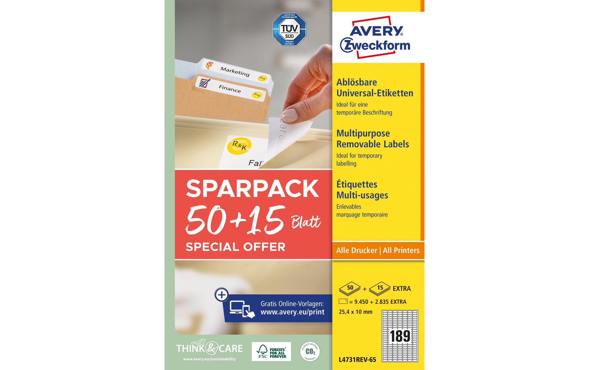 Avery L4731REV-65 – Etiketten A4 25 × 10 mm – Papier – wiederablösbar – 65 Blätter (12.285 Stk.)