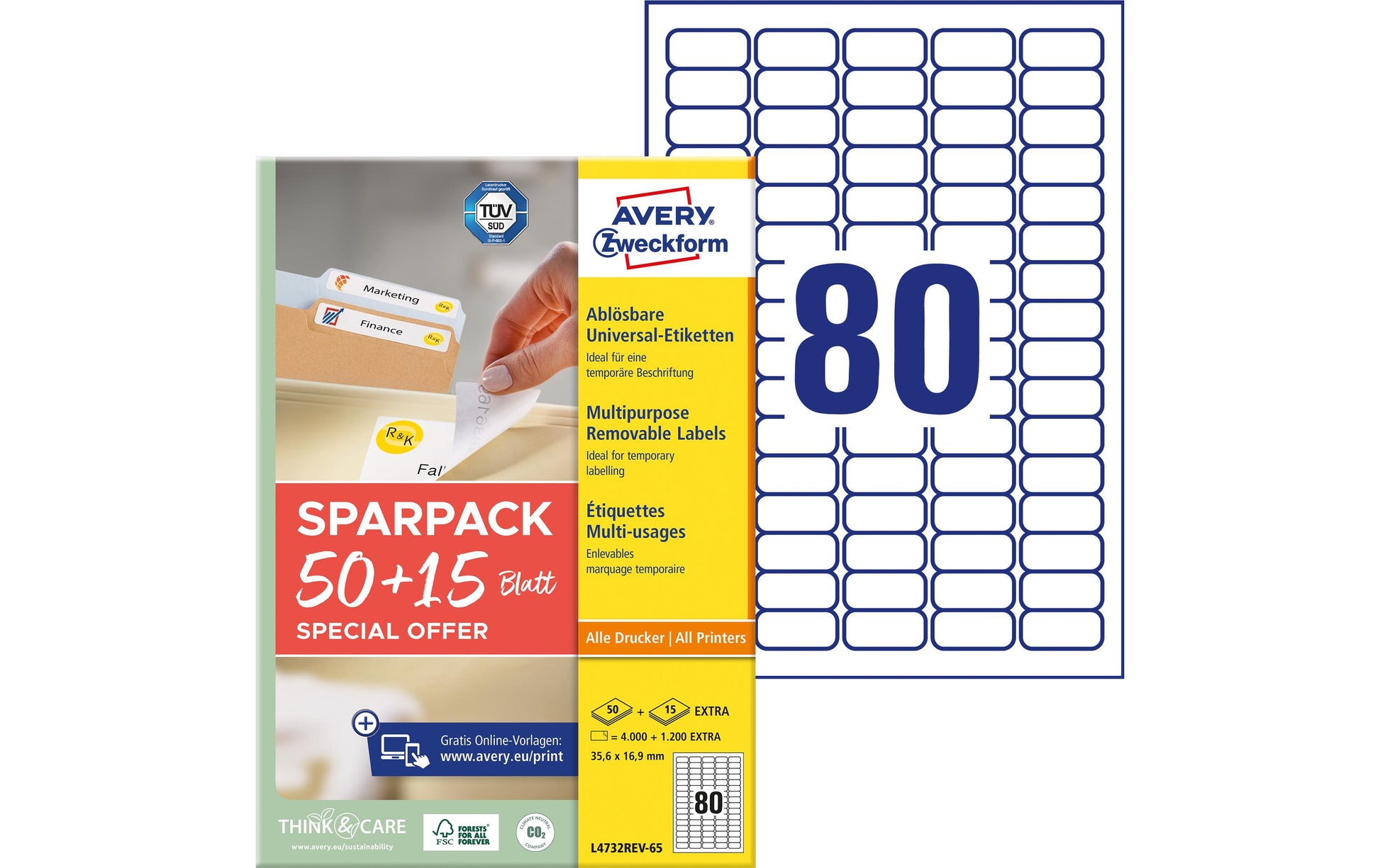 Avery L4732REV-65 – Etiketten A4 36 × 17 mm – Papier, weiss – wiederablösbar – Laser/Inkjet – 65 Blätter