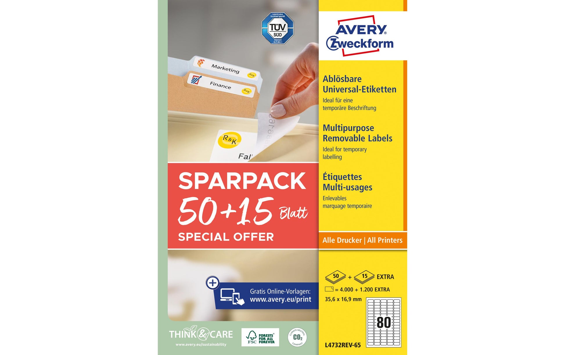 Avery L4732REV-65 – Etiketten A4 36 × 17 mm – Papier, weiss – wiederablösbar – Laser/Inkjet – 65 Blätter