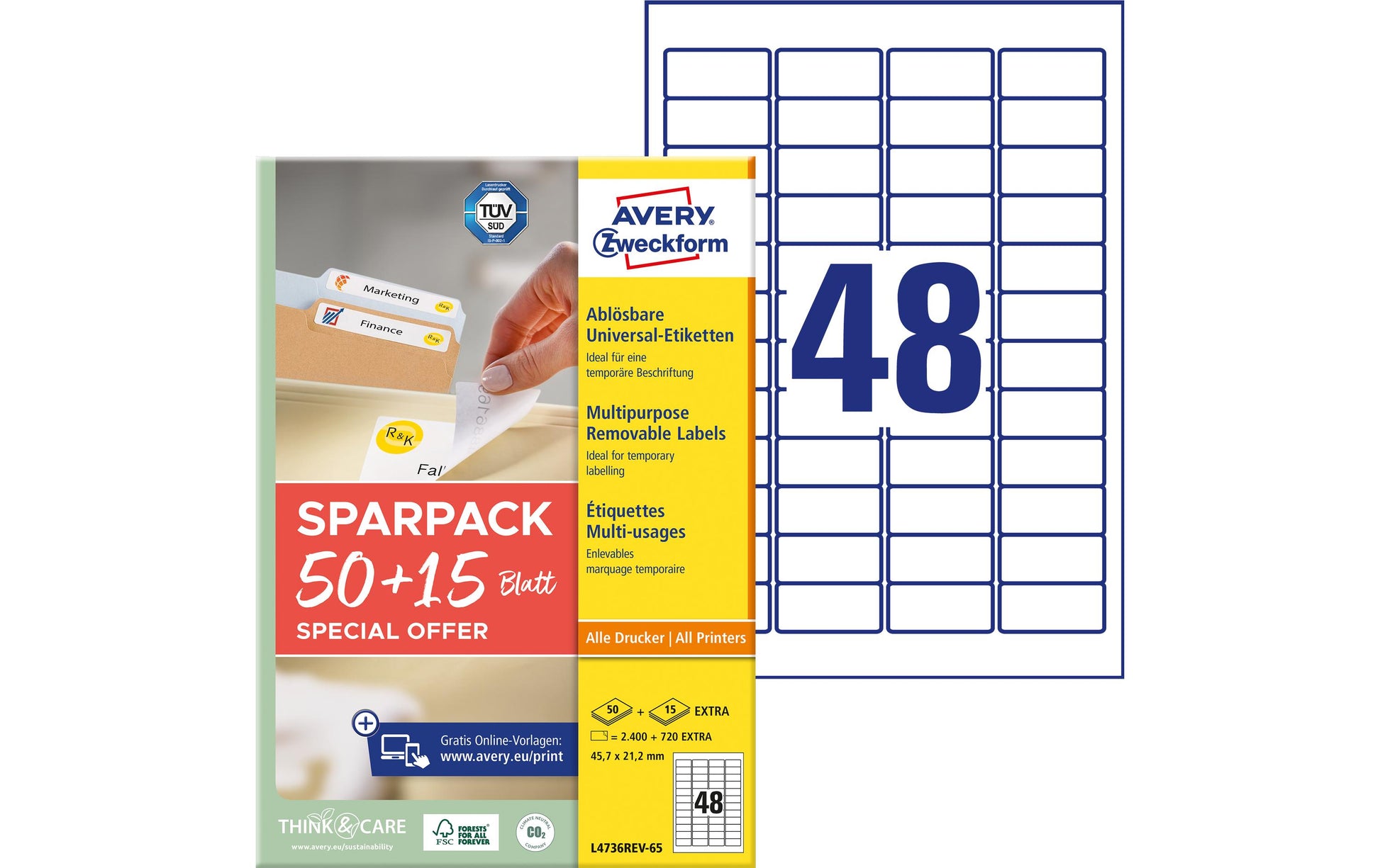 AVERY Zweckform L4736REV-65 – Etiketten A4 46 × 21 mm – wiederablösbar – Laser/Inkjet – 48 pro Blatt, 65 Blätter